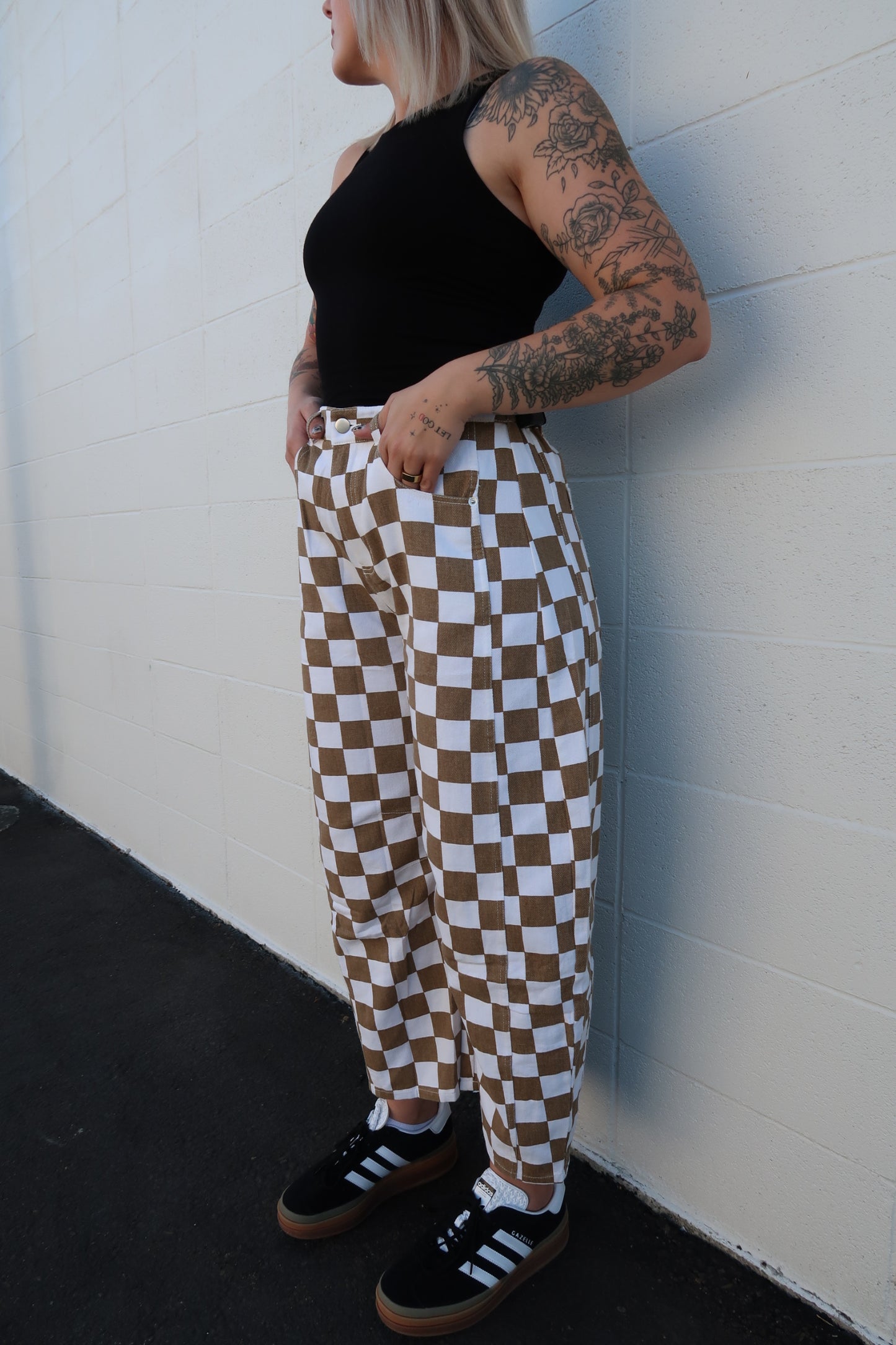 Checkered Barrel Denim Pants