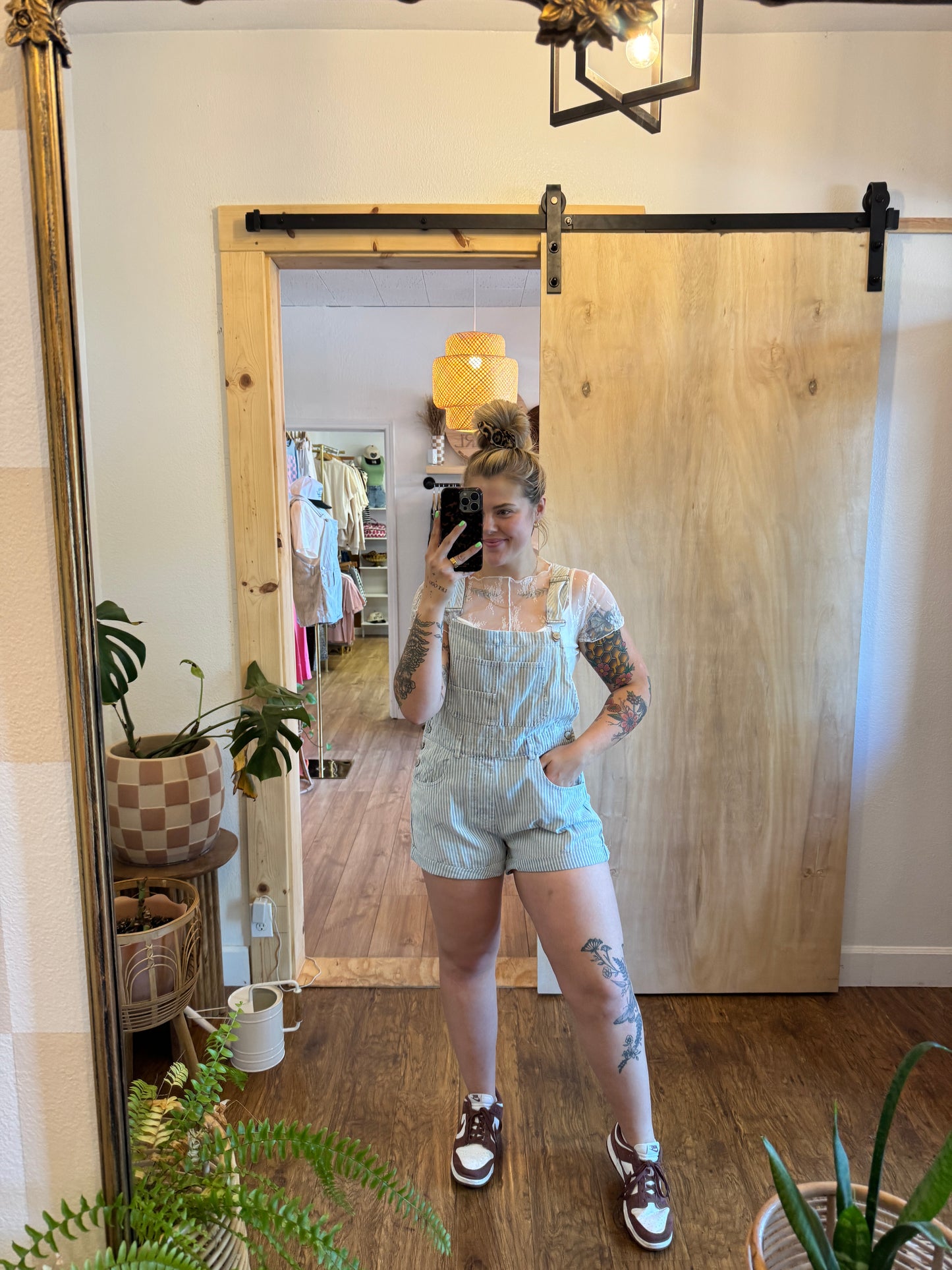 Striped Light Wash Denim Shorts Overalls
