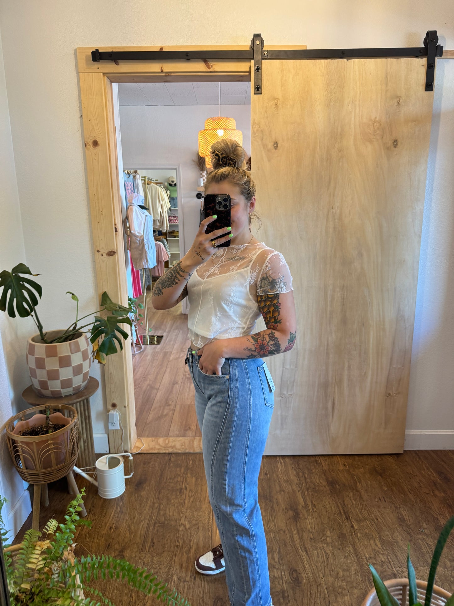 High Rise Barrel Cuffed Hem Denim Pants