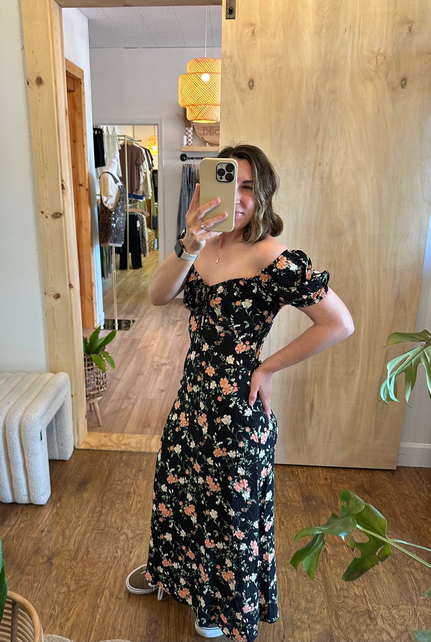 Floral Front Tie Puff Sleeve Midi Dress