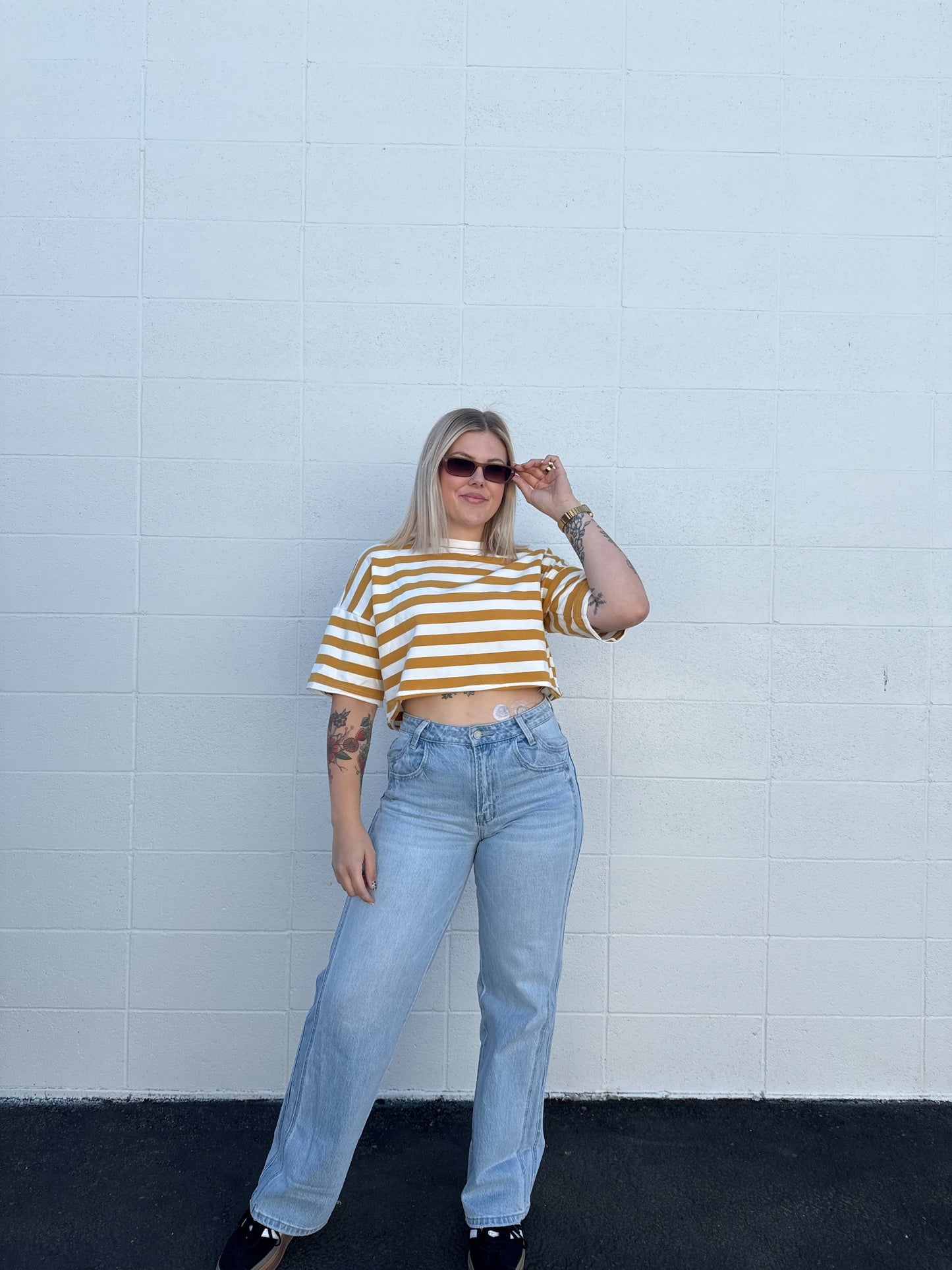 Mustard Striped Crop Tee