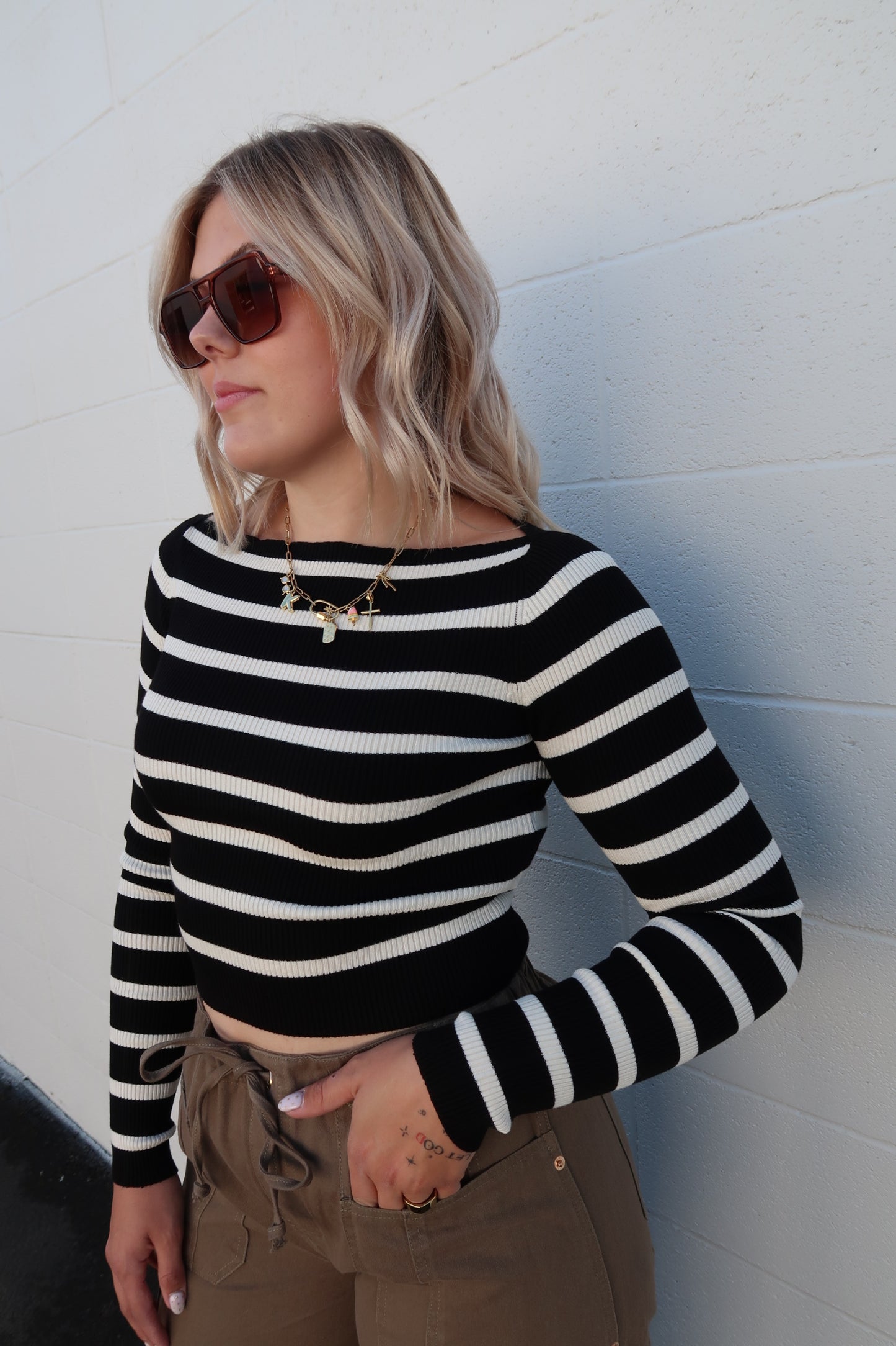 Striped Boatneck Long Sleeve Crop Knit Top