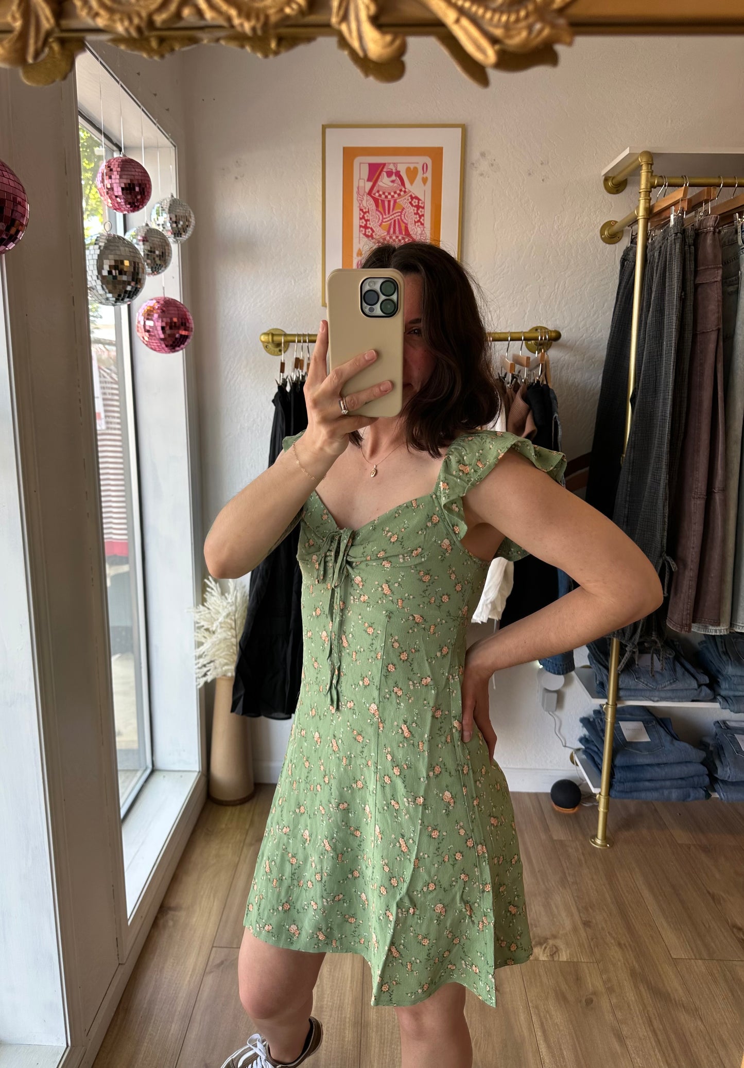 Green Floral Front Cut-Out w/ Tie Mini Dress