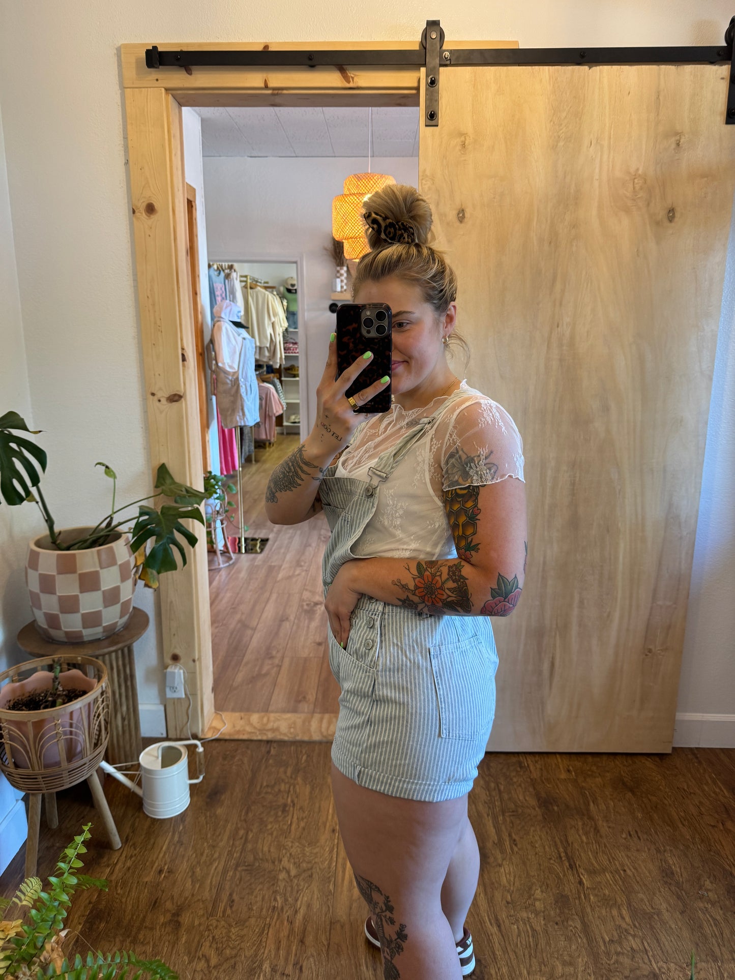 Striped Light Wash Denim Shorts Overalls