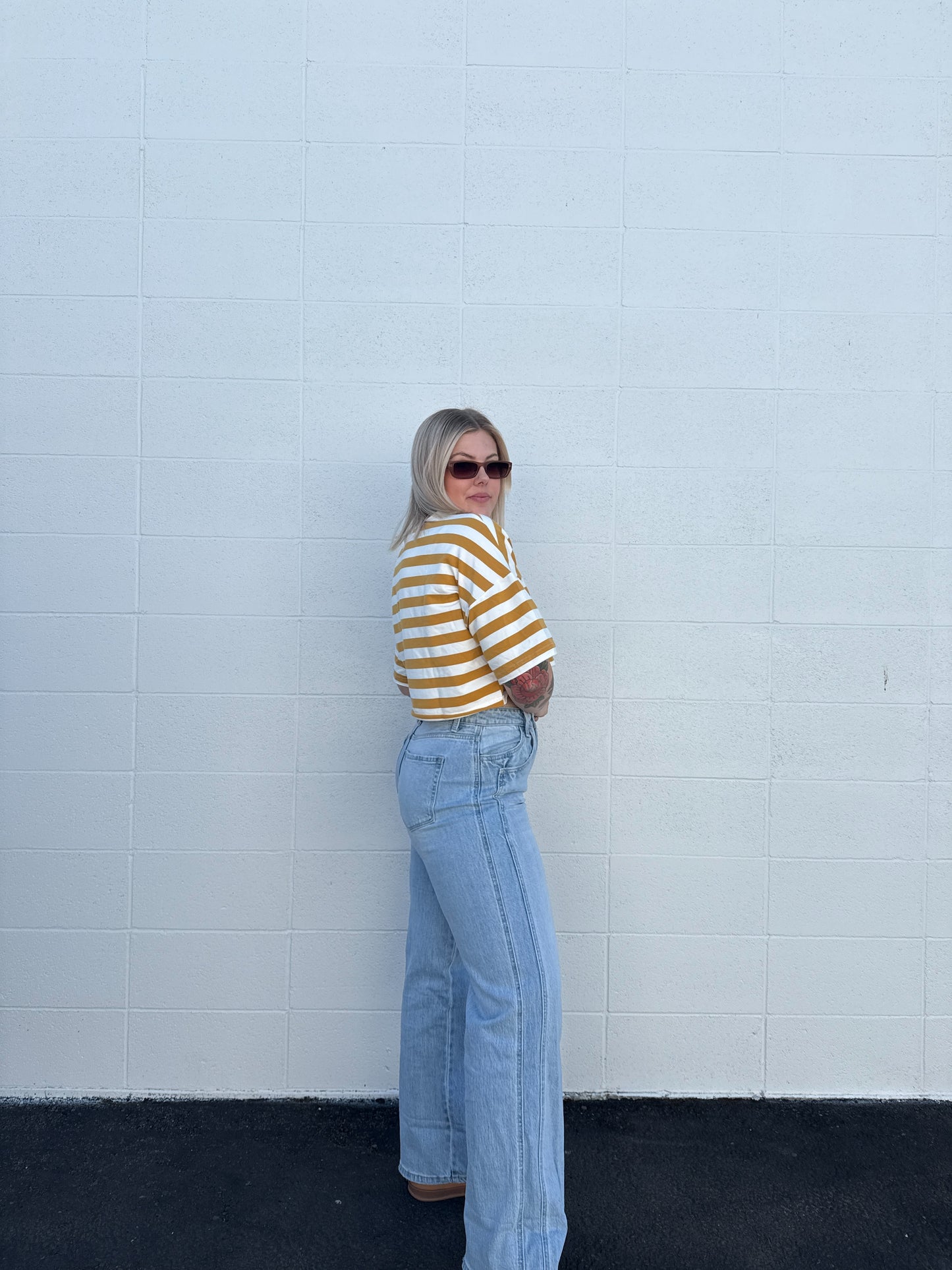 Mustard Striped Crop Tee