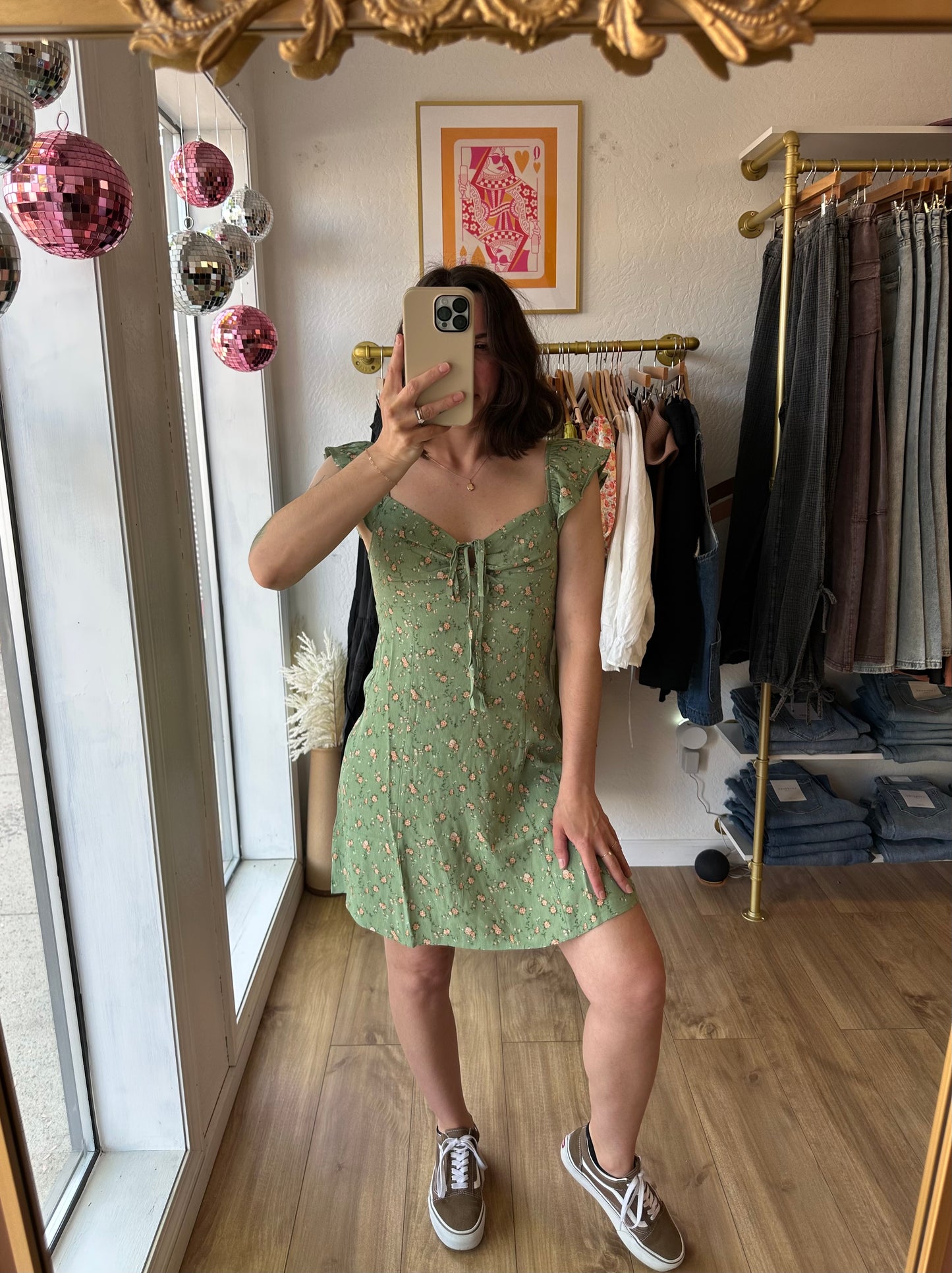 Green Floral Front Cut-Out w/ Tie Mini Dress