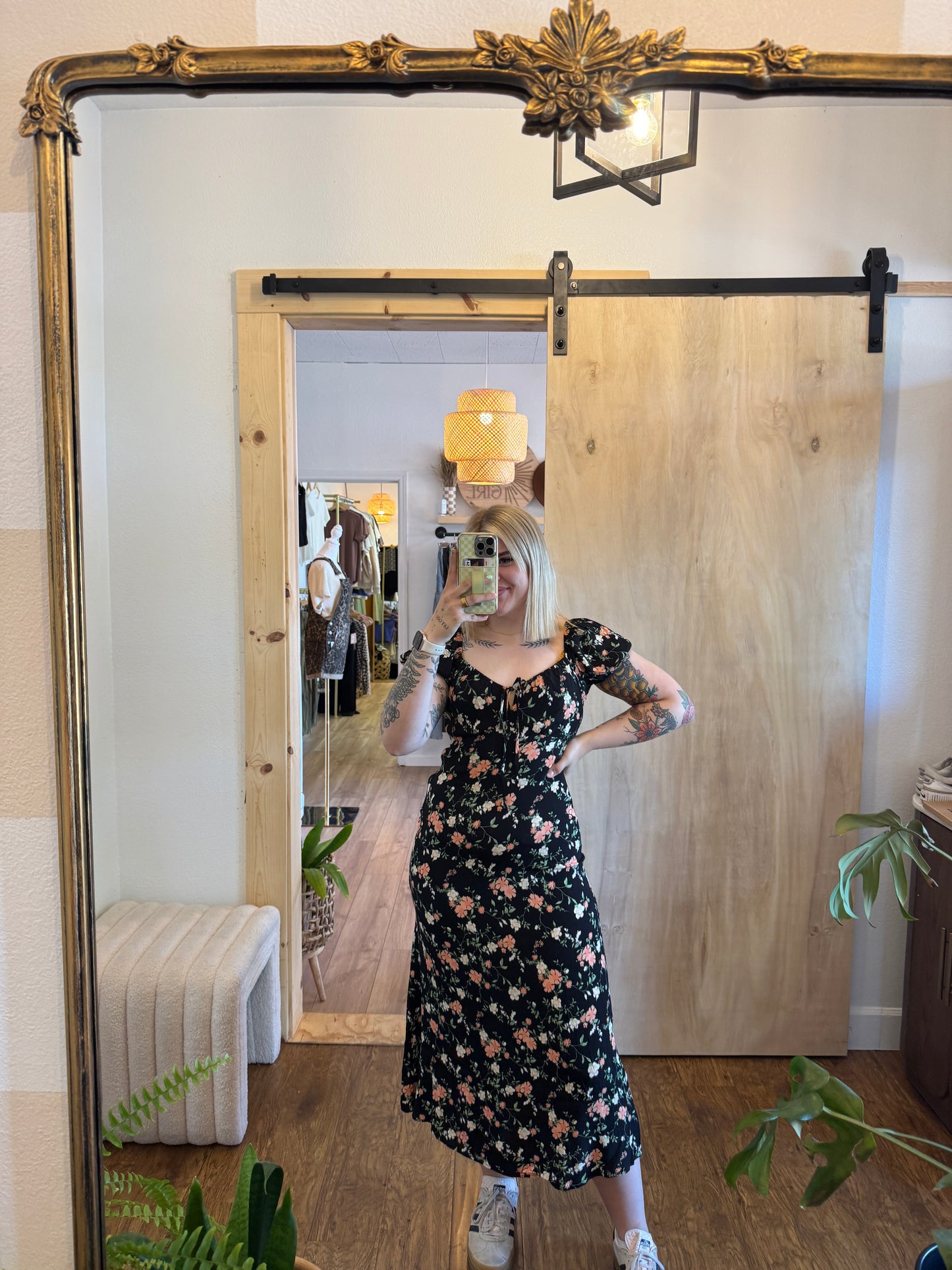 Floral Front Tie Puff Sleeve Midi Dress