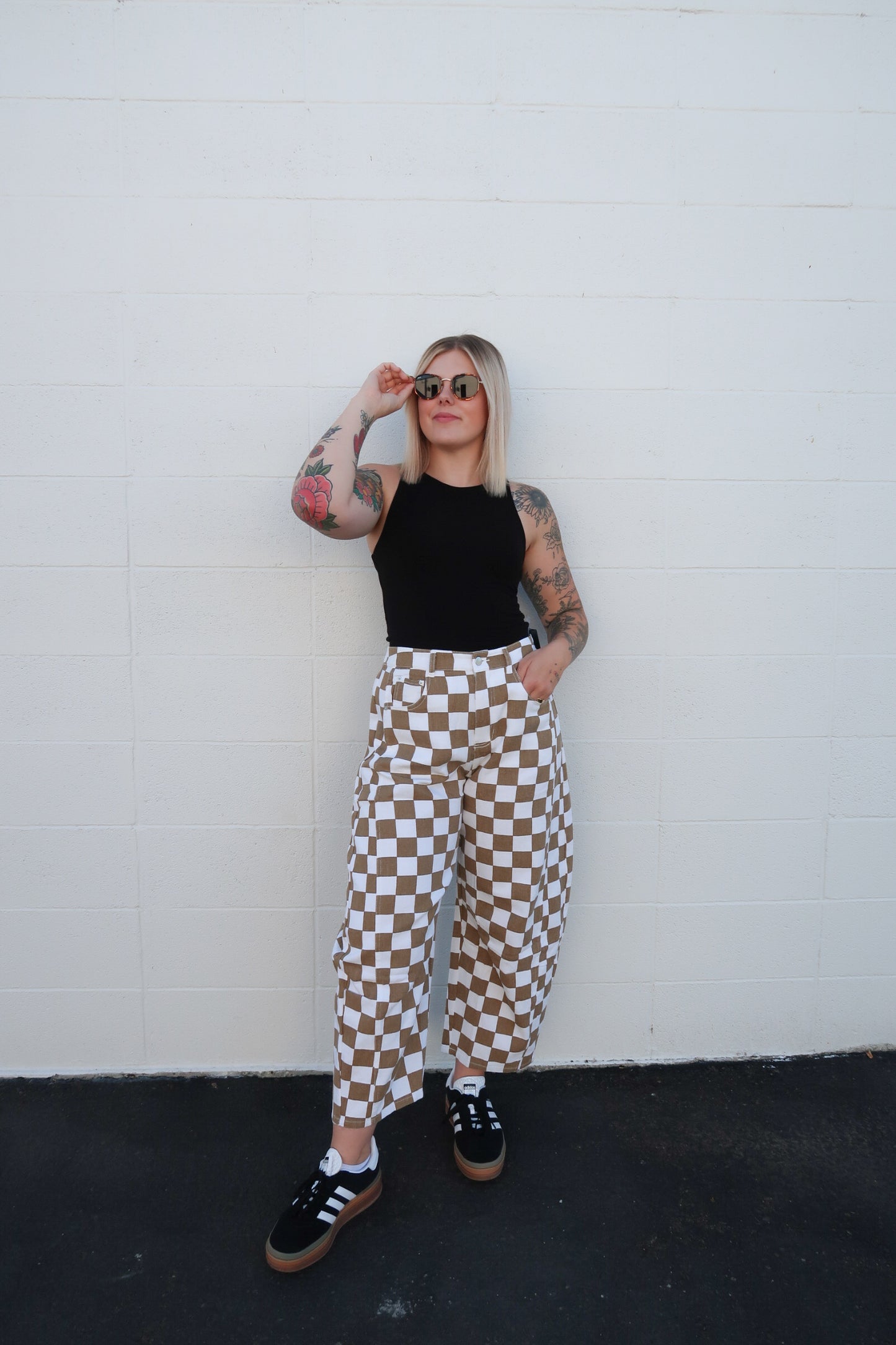 Checkered Barrel Denim Pants