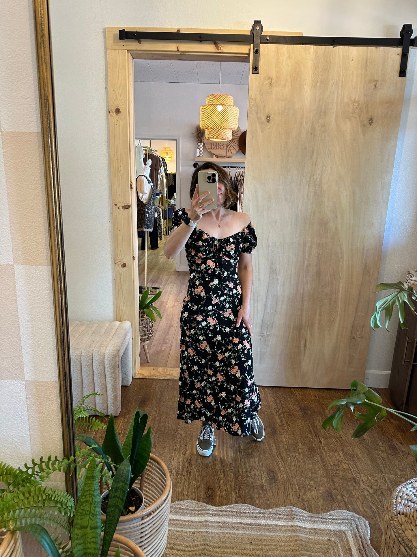 Floral Front Tie Puff Sleeve Midi Dress