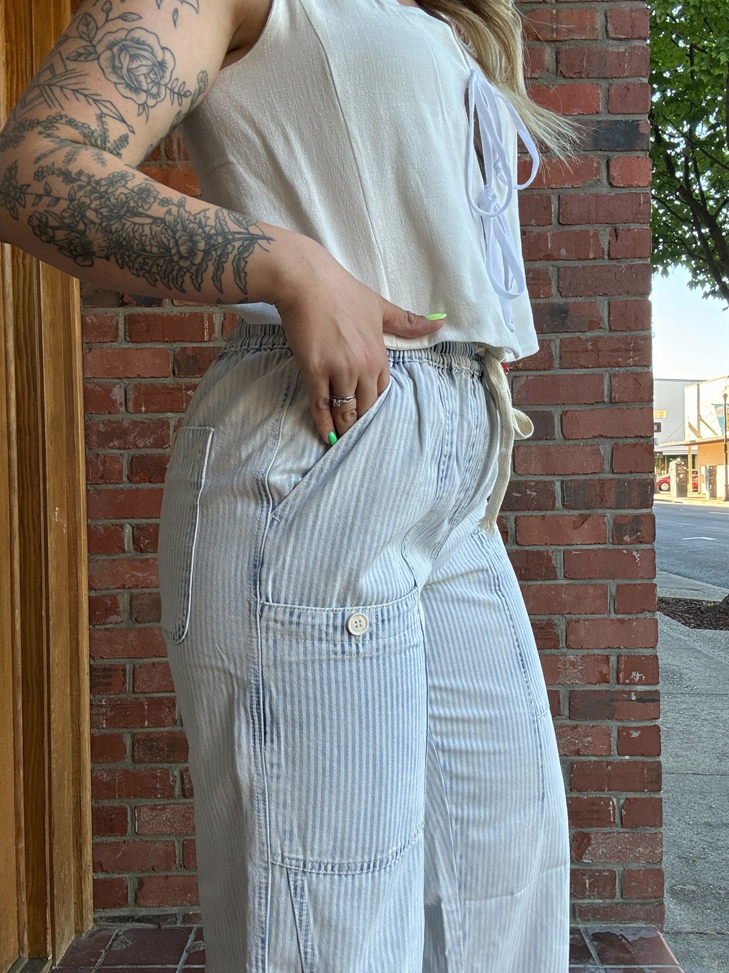 Washed Stripe Cargo Denim Pants