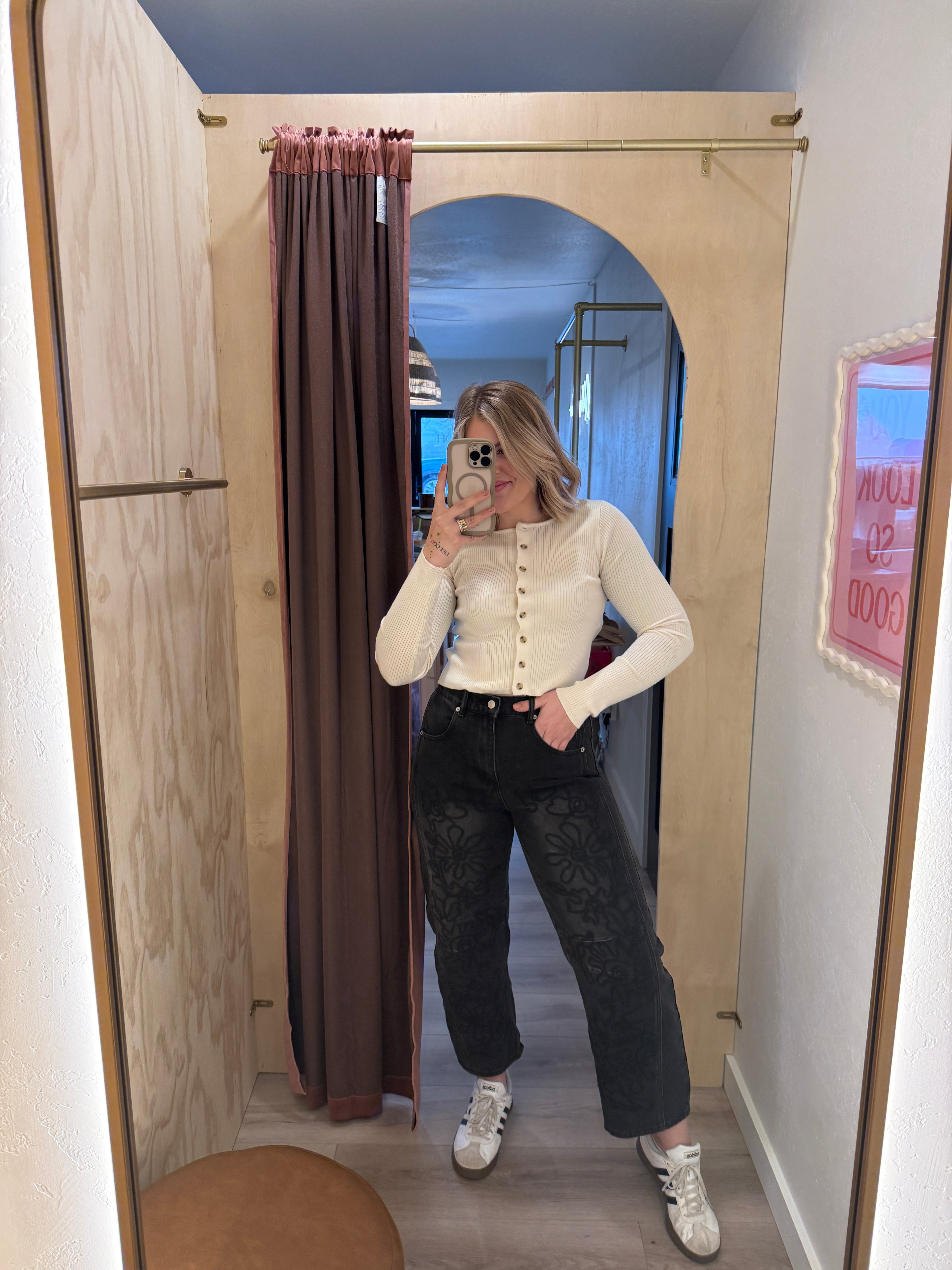 Embroidered Washed Black Barrel Jeans