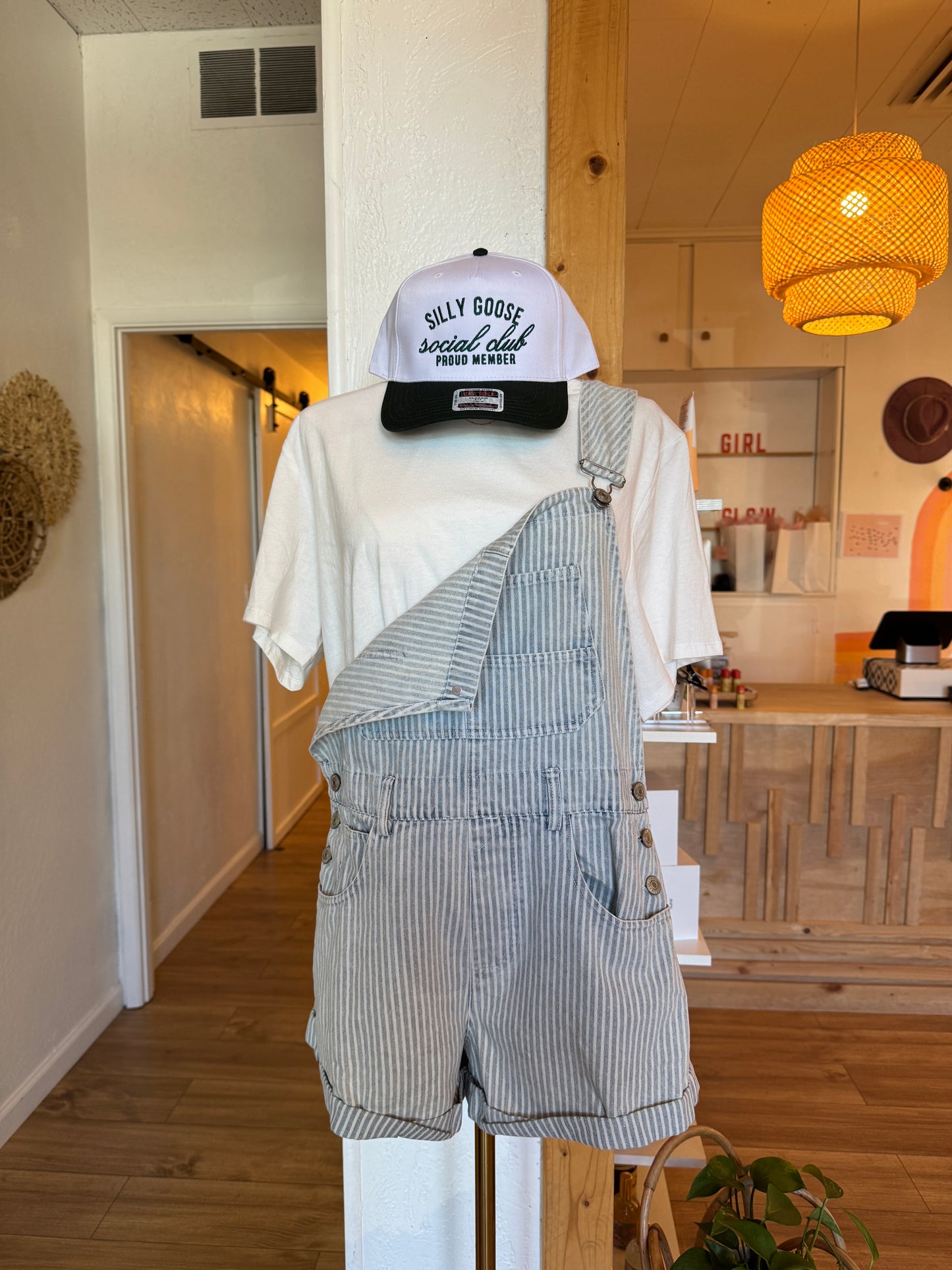 Striped Light Wash Denim Shorts Overalls