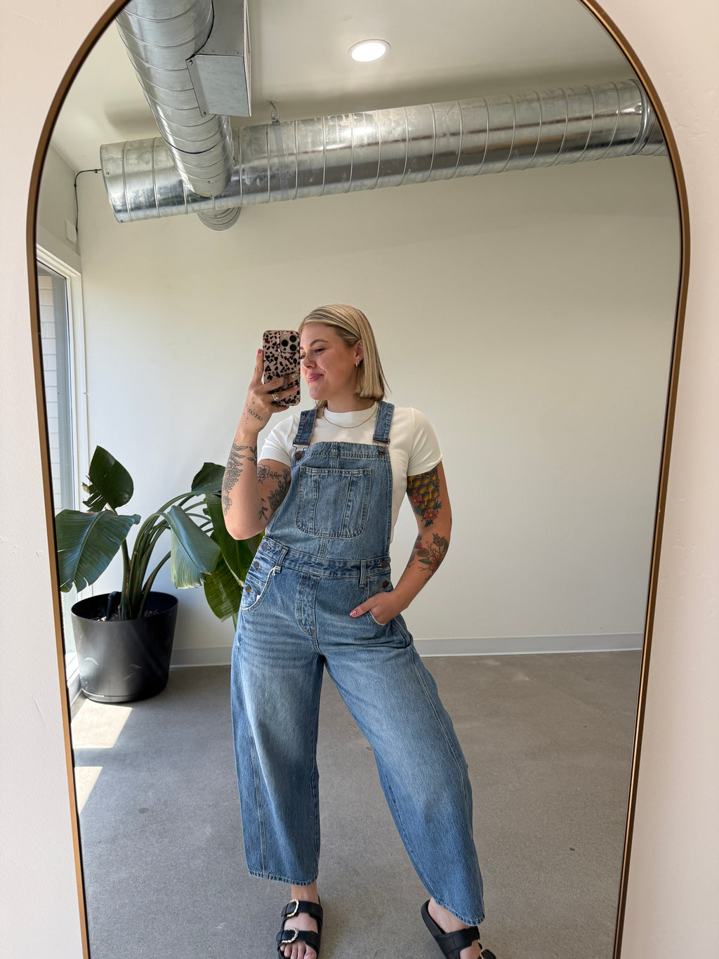 Mid Waisted Barrel Overall - Medium Wash