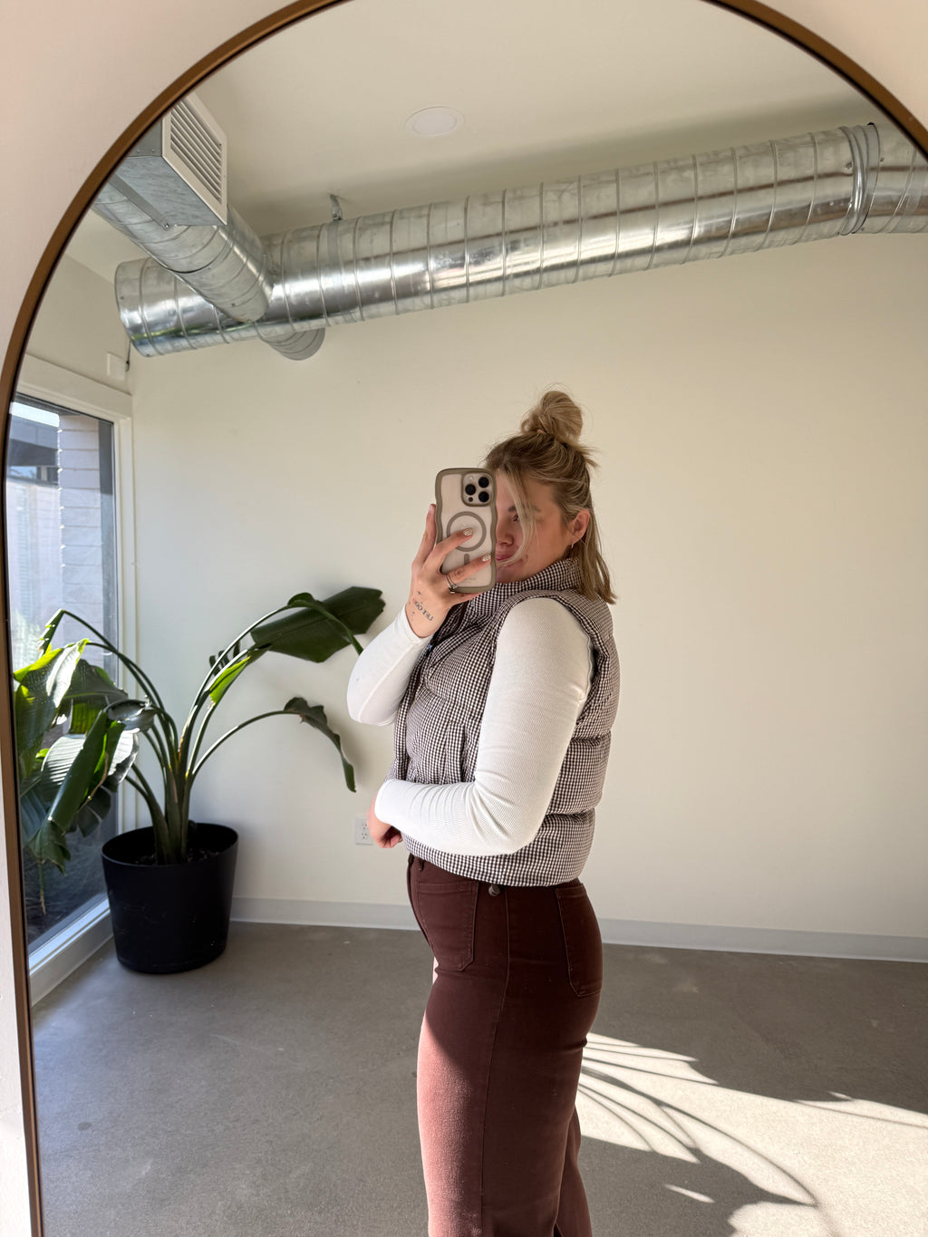 Brown Gingham Puffer Vest