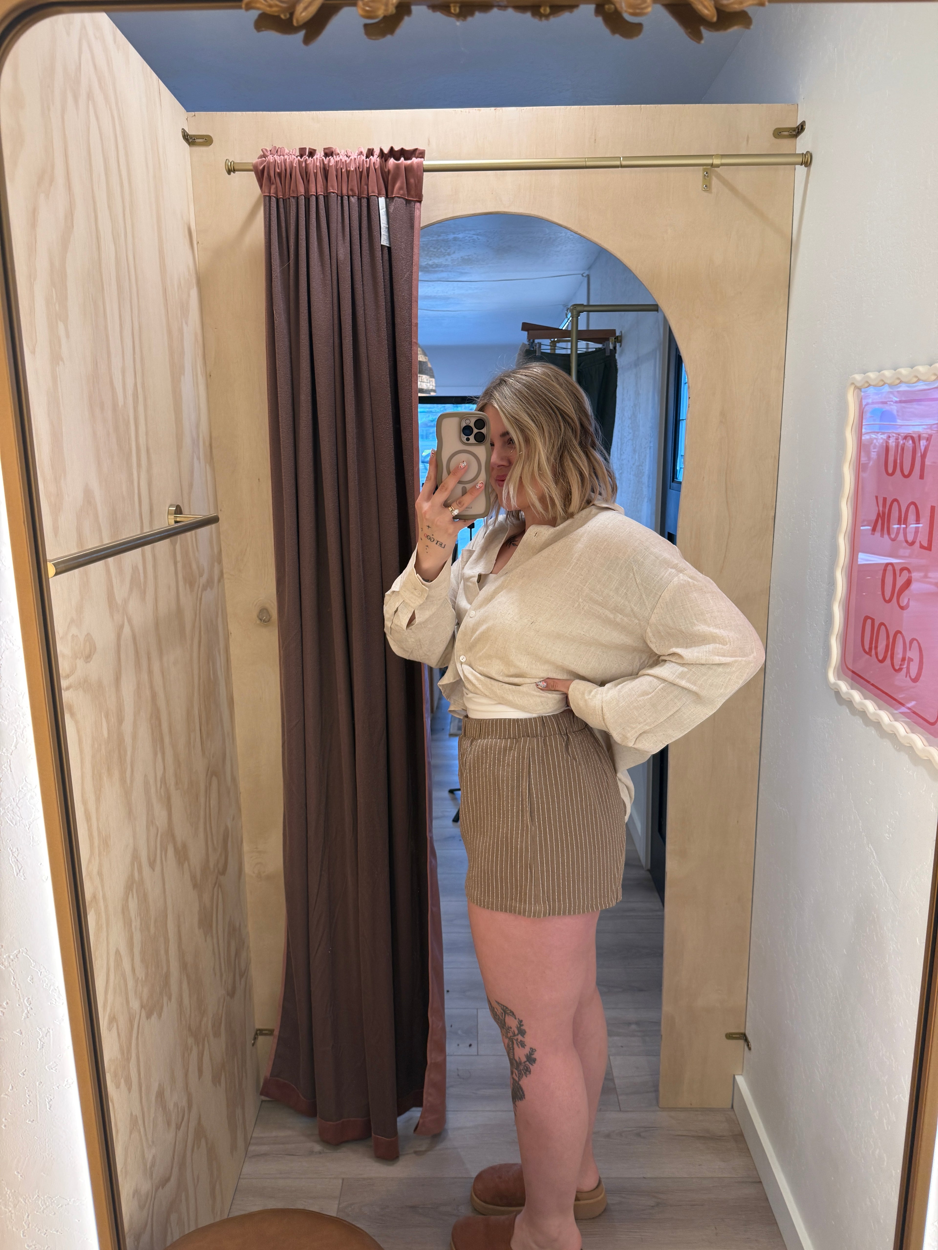 Mocha Striped Linen Blend Shorts