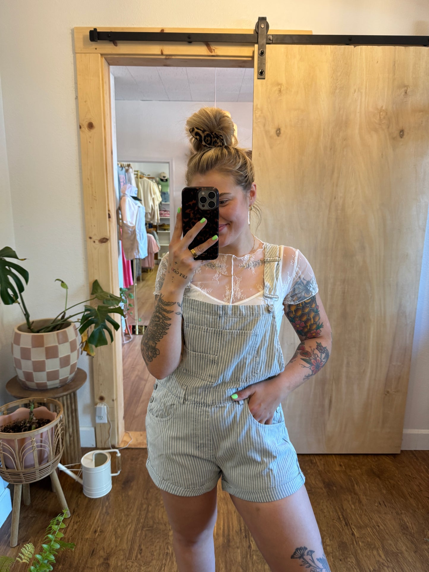 Striped Light Wash Denim Shorts Overalls