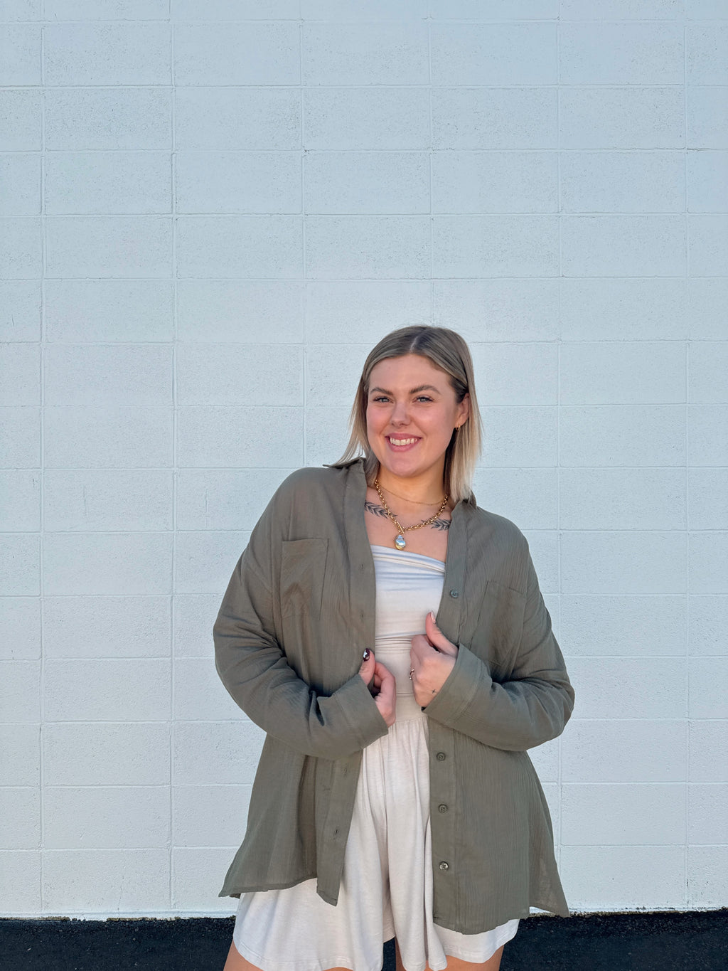 Olive Gauze Button Down Top