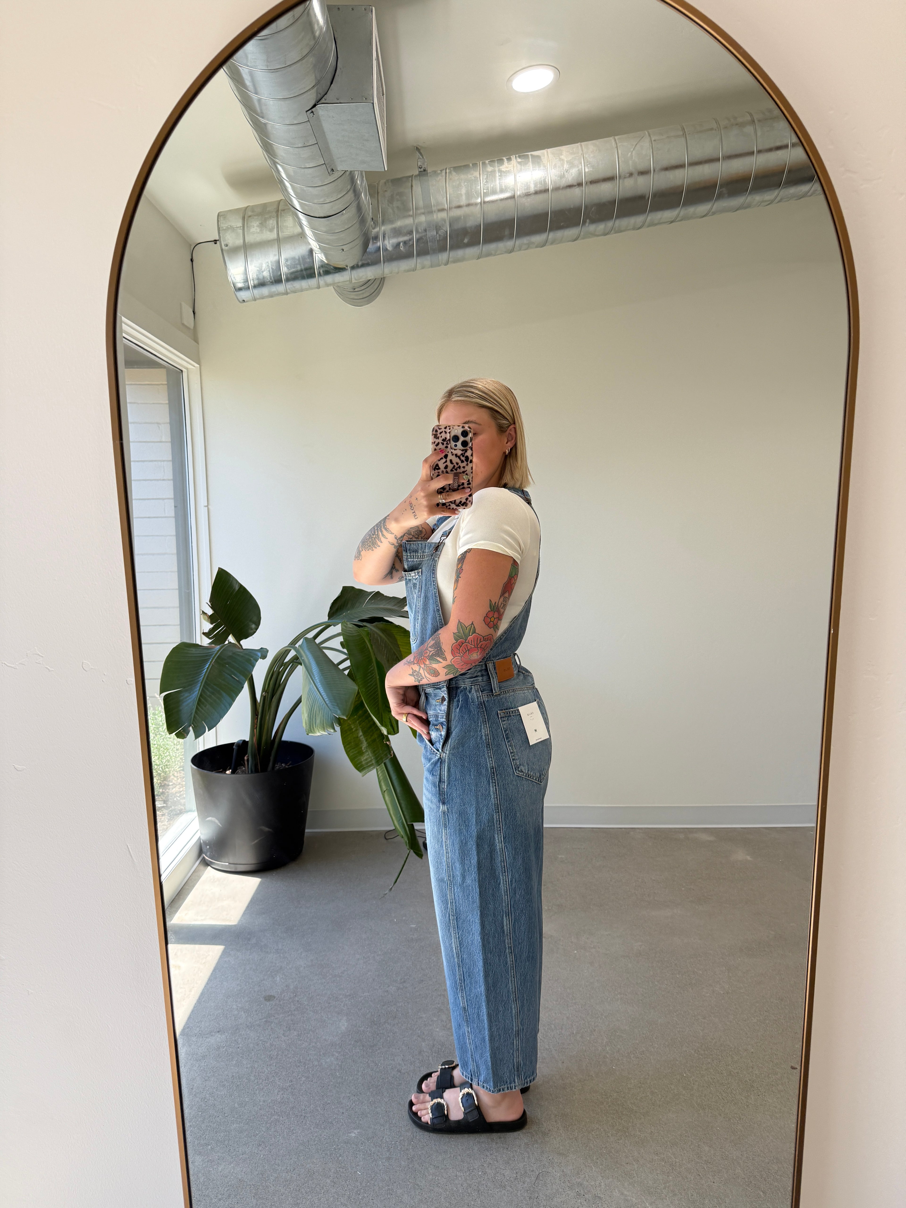 Mid Waisted Barrel Overall - Medium Wash