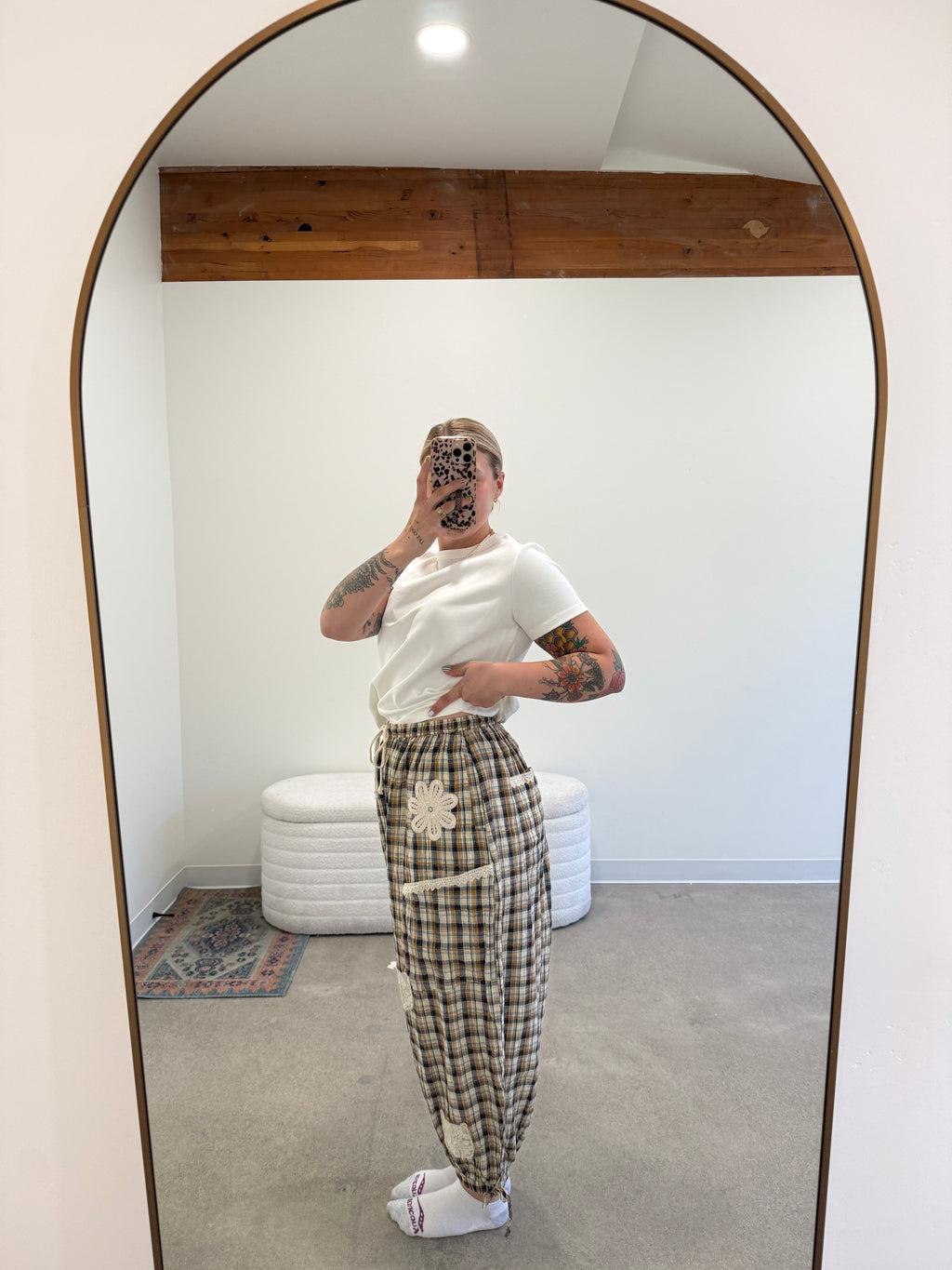 Dainty Crochet Plaid Balloon Pants