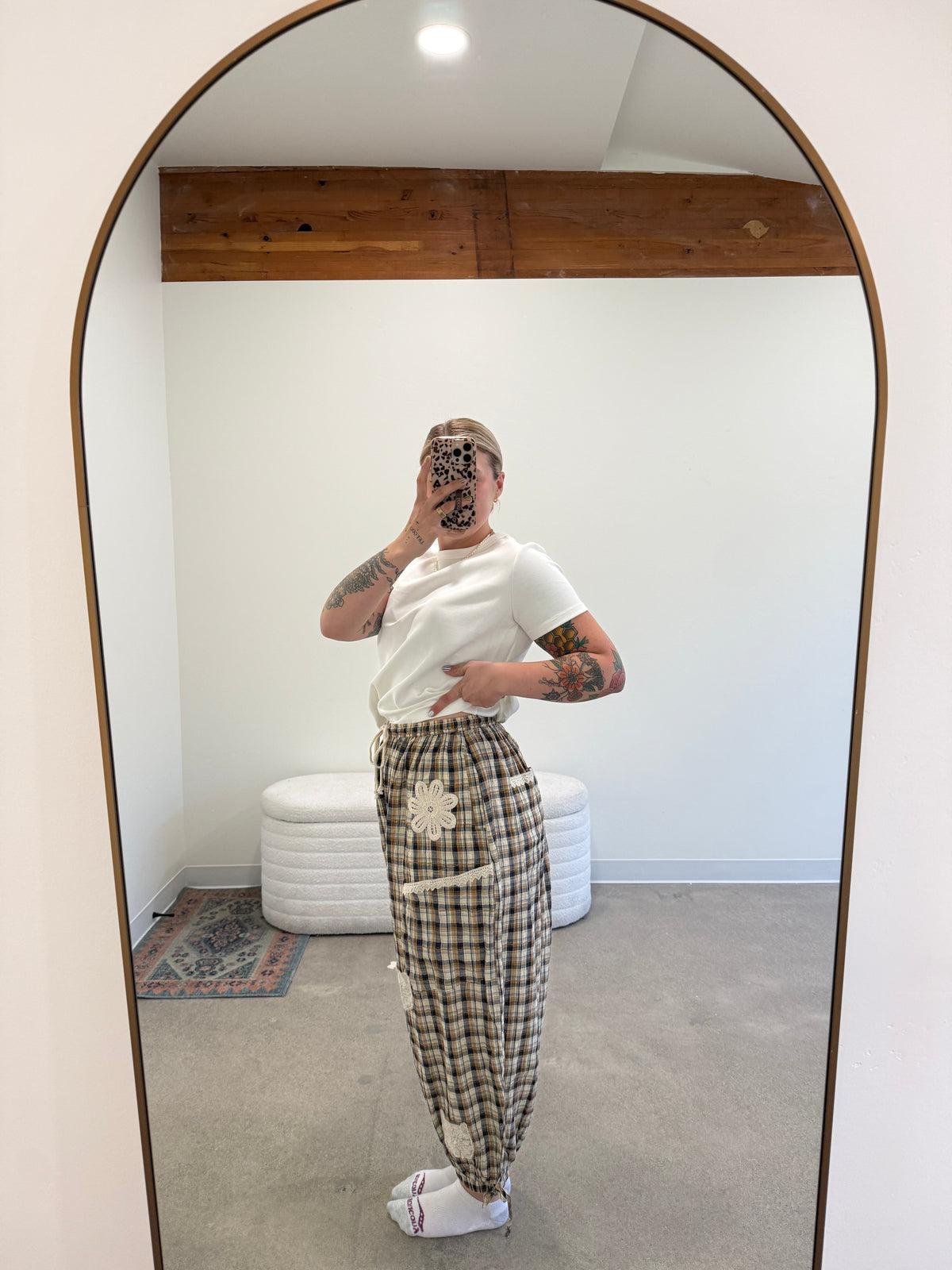 Dainty Crochet Plaid Balloon Pants