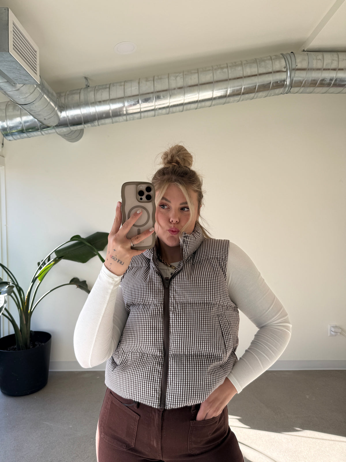 Brown Gingham Puffer Vest