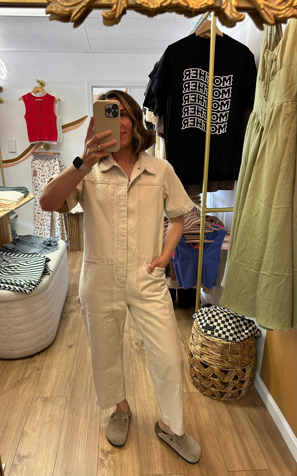 Cream Denim Short Sleeve Collared Jumpsuit