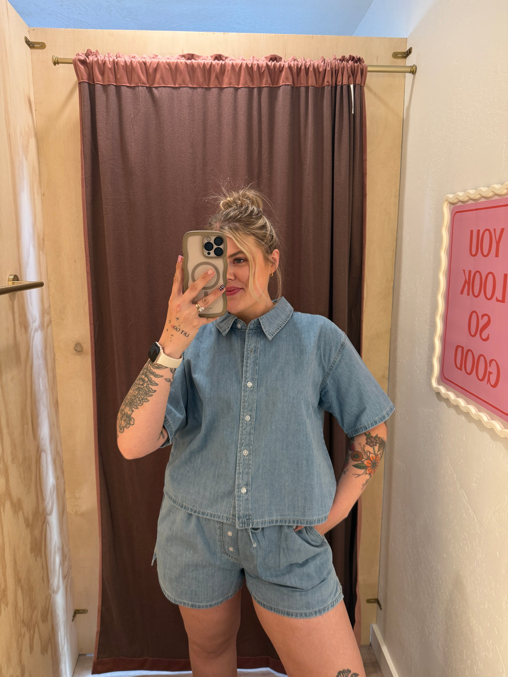 Button Up Collared Denim Top
