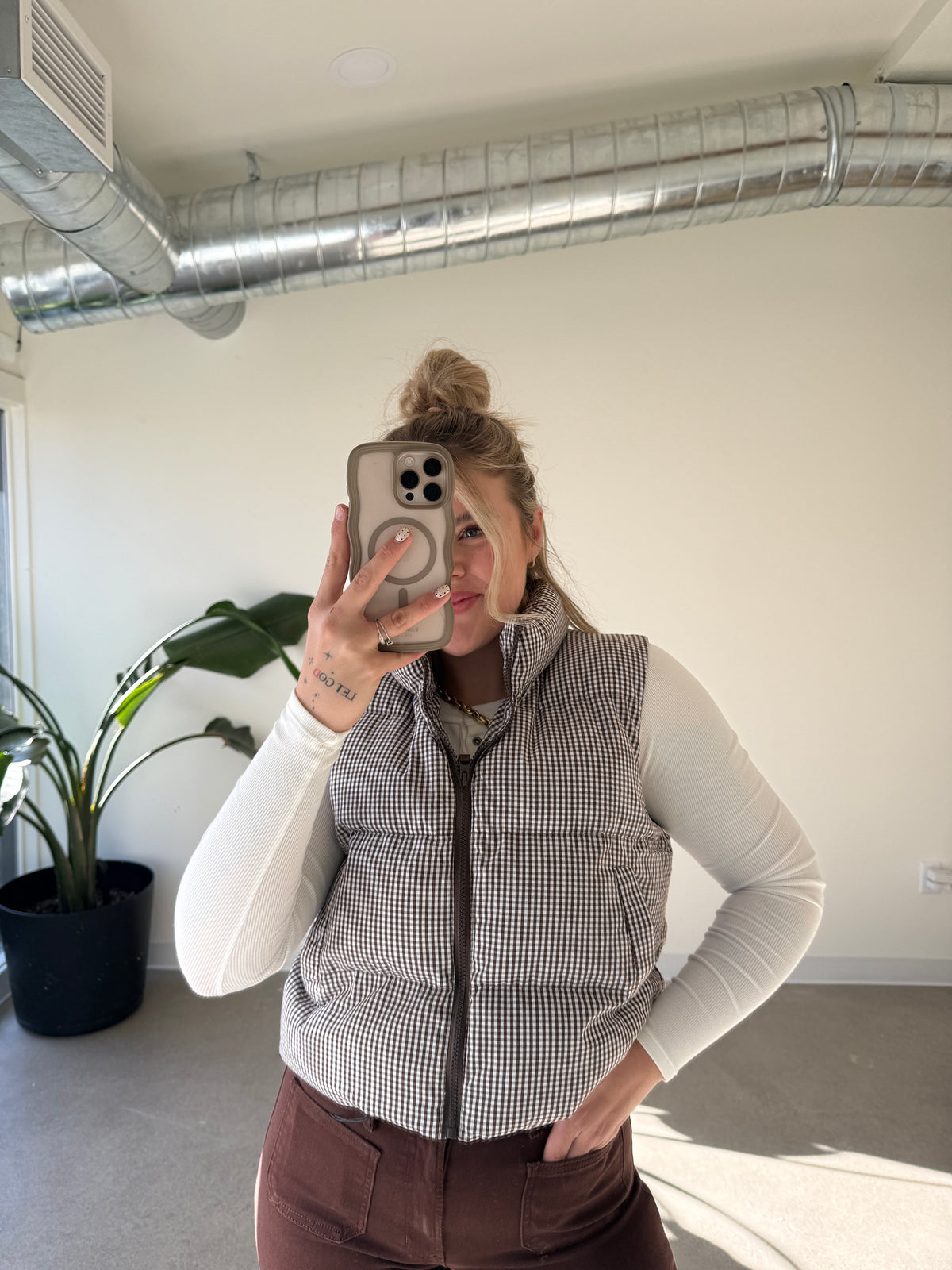 Brown Gingham Puffer Vest