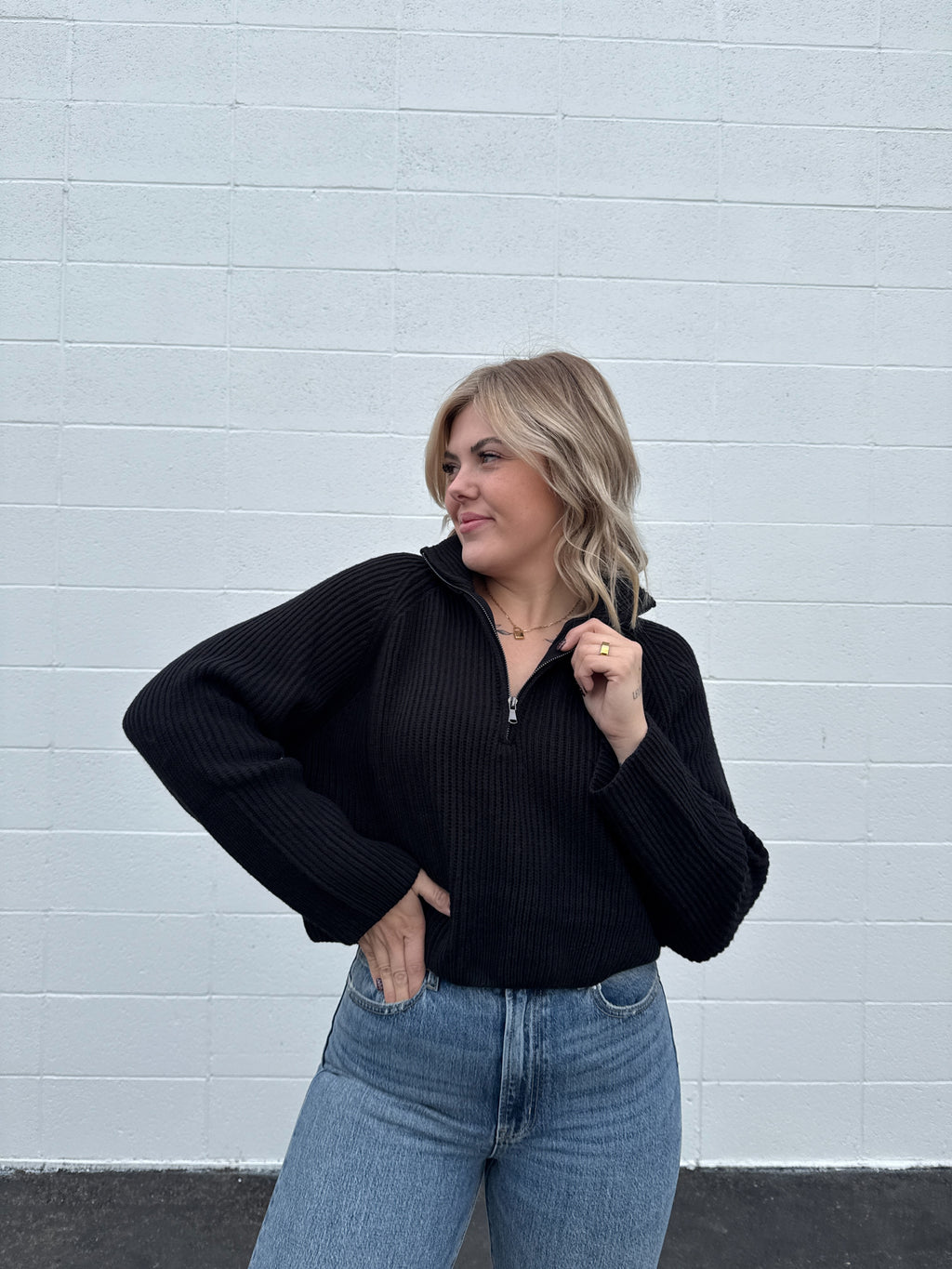 Classy Girl Half Zip Ribbed Sweater