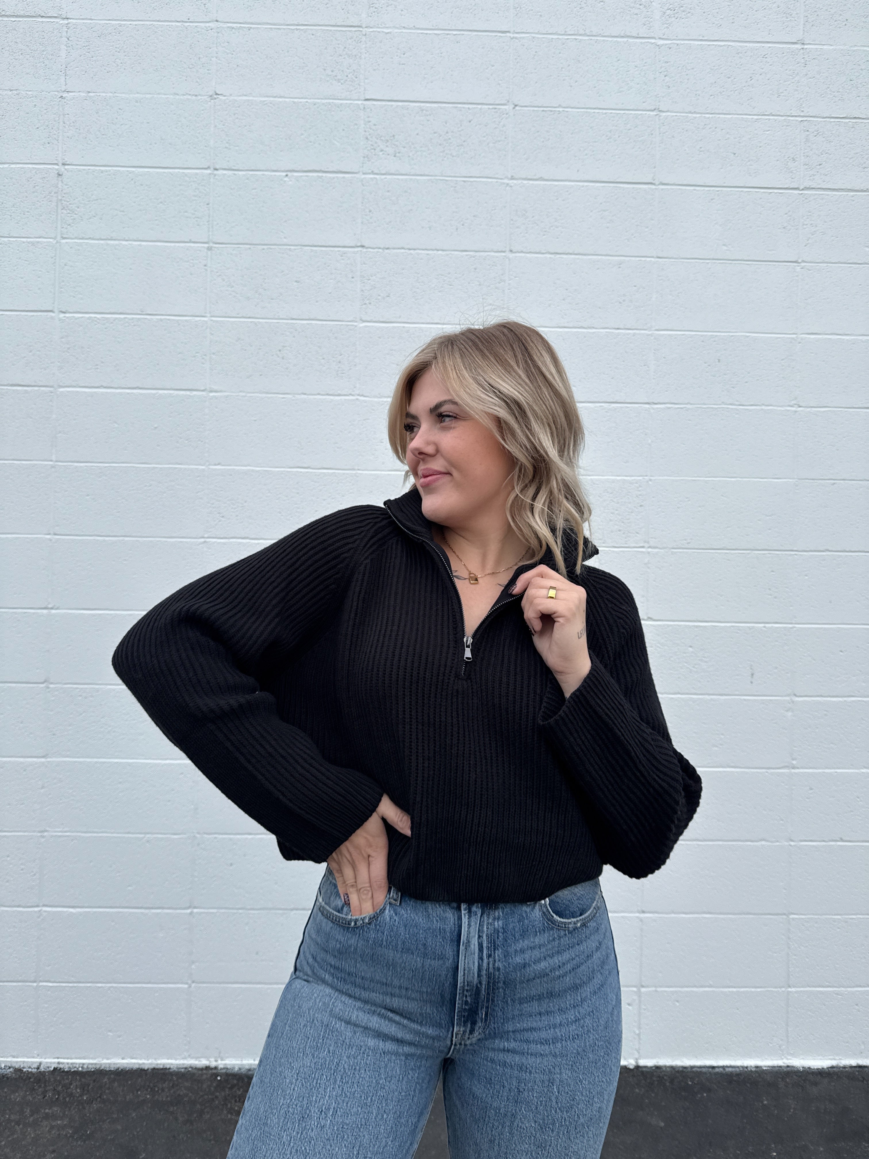 Classy Girl Half Zip Ribbed Sweater