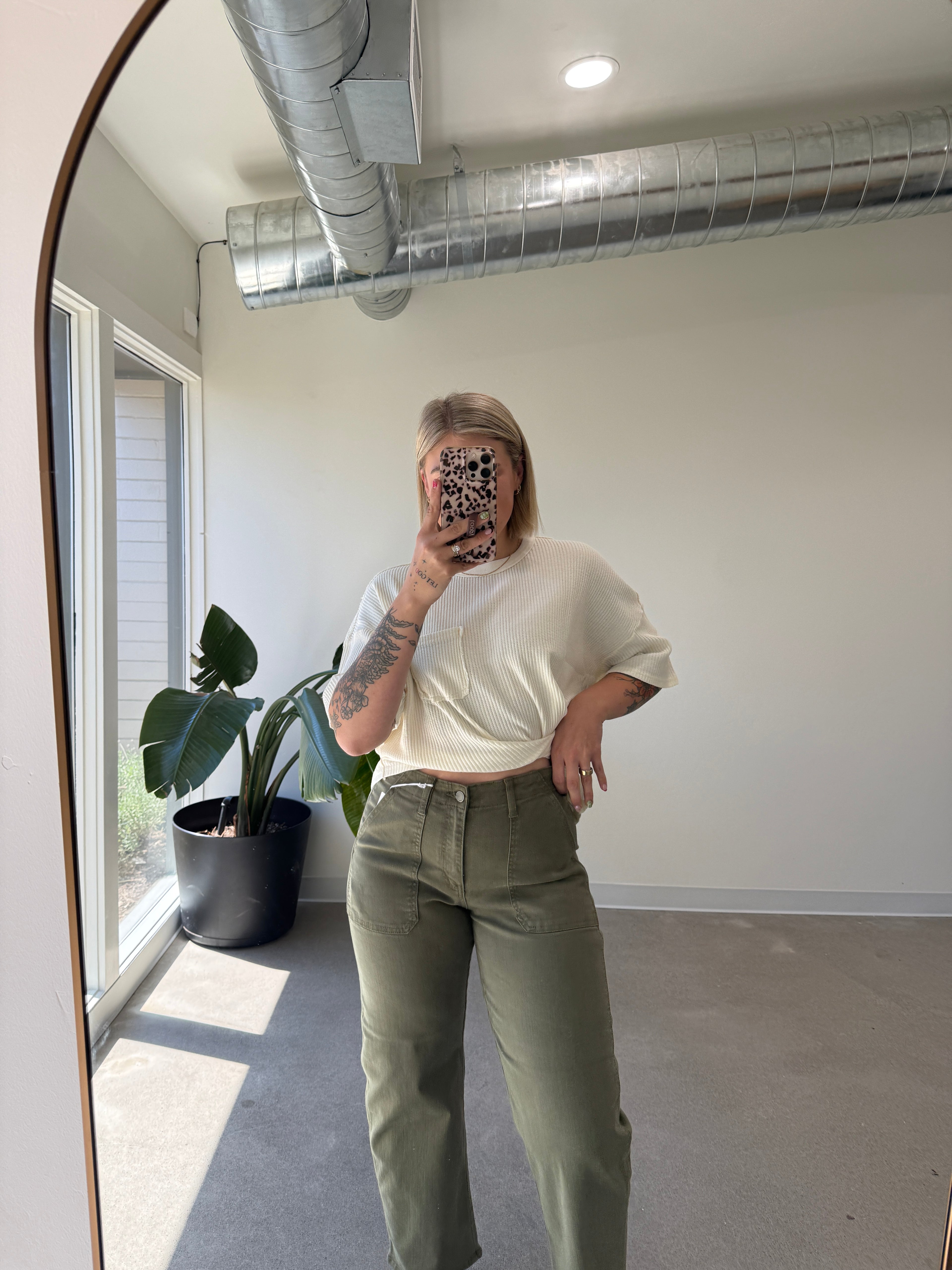 Olive Twill Utility Barrel Jeans