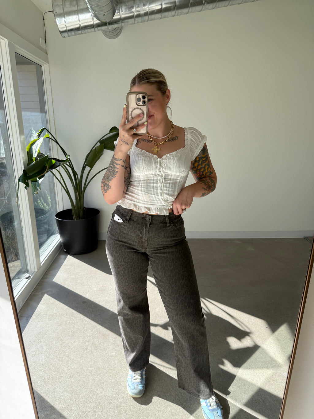 High Rise Brown Leopard Dad Jean