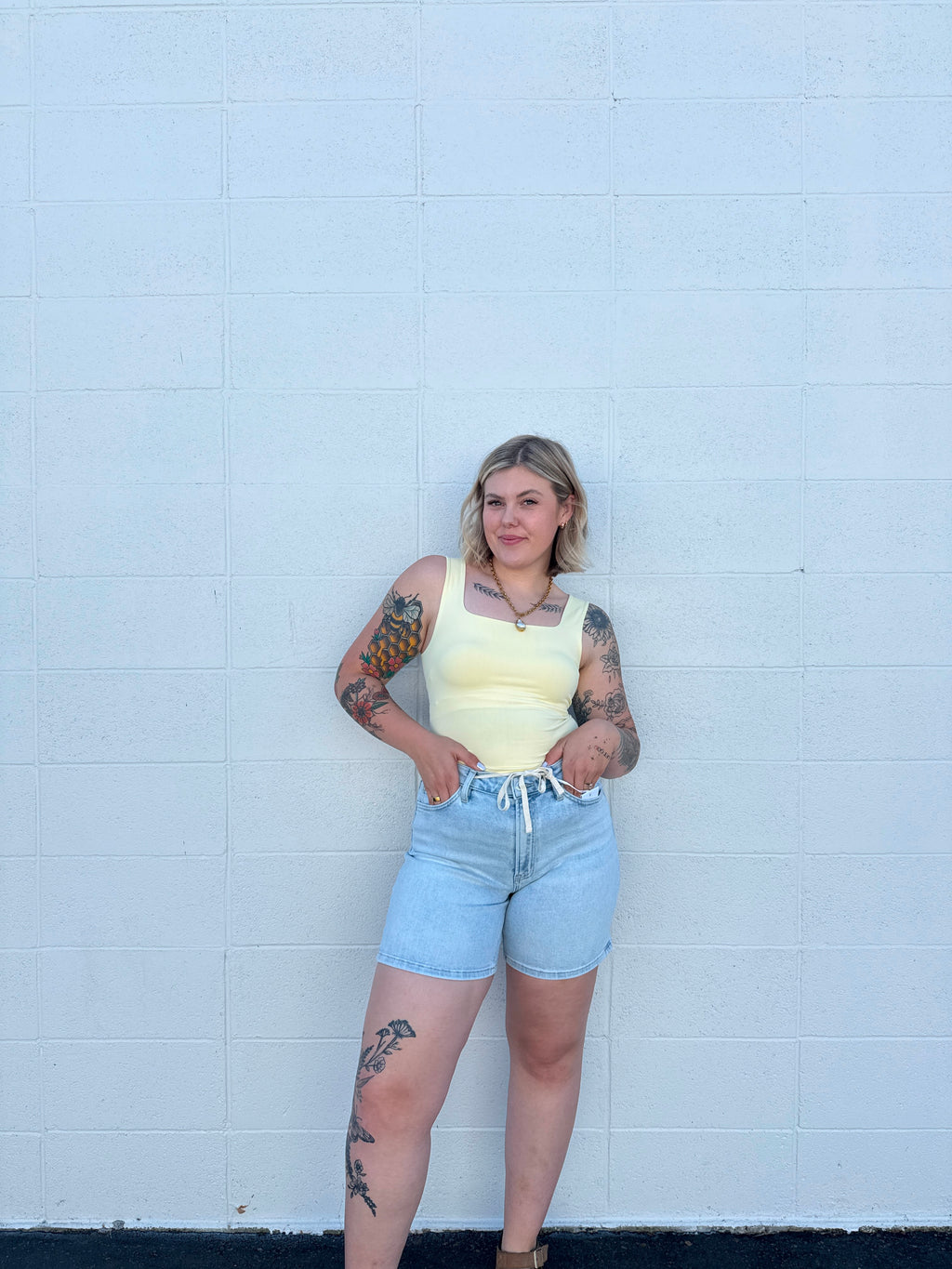 High Rise Drawstring Midi Denim Shorts