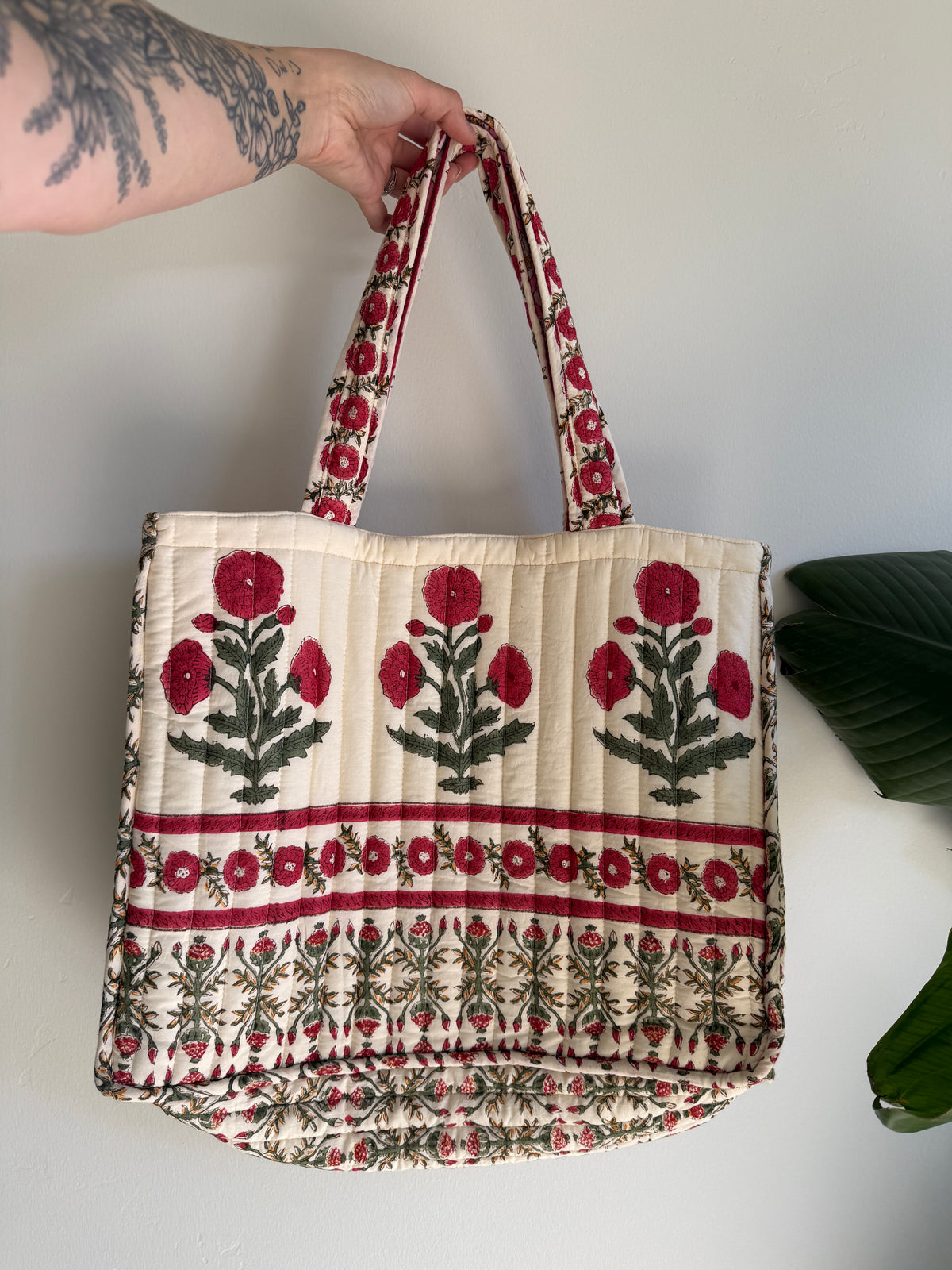 Quilted Pocket Detail Floral Botanical Tote Bag