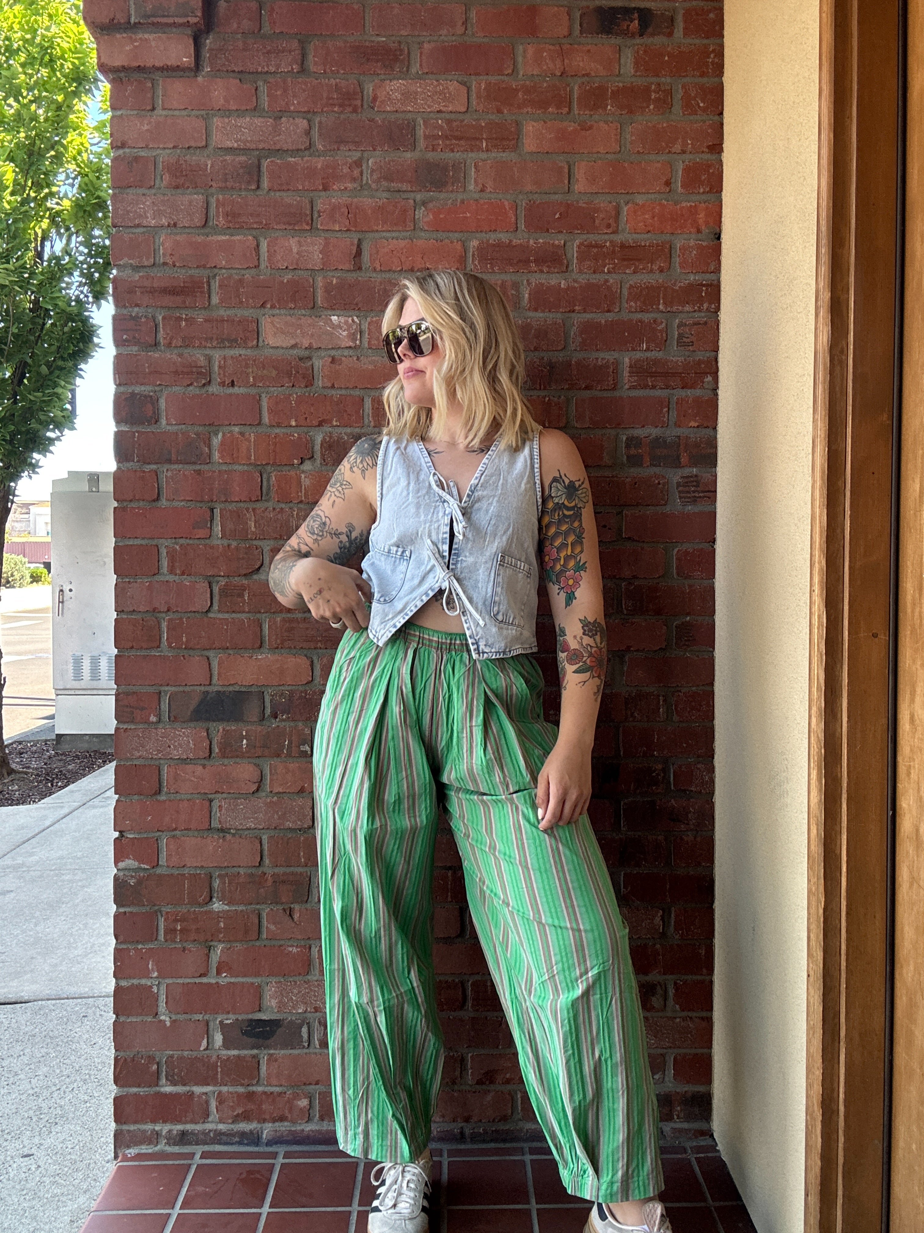 Electric Green Striped Parachute Pants