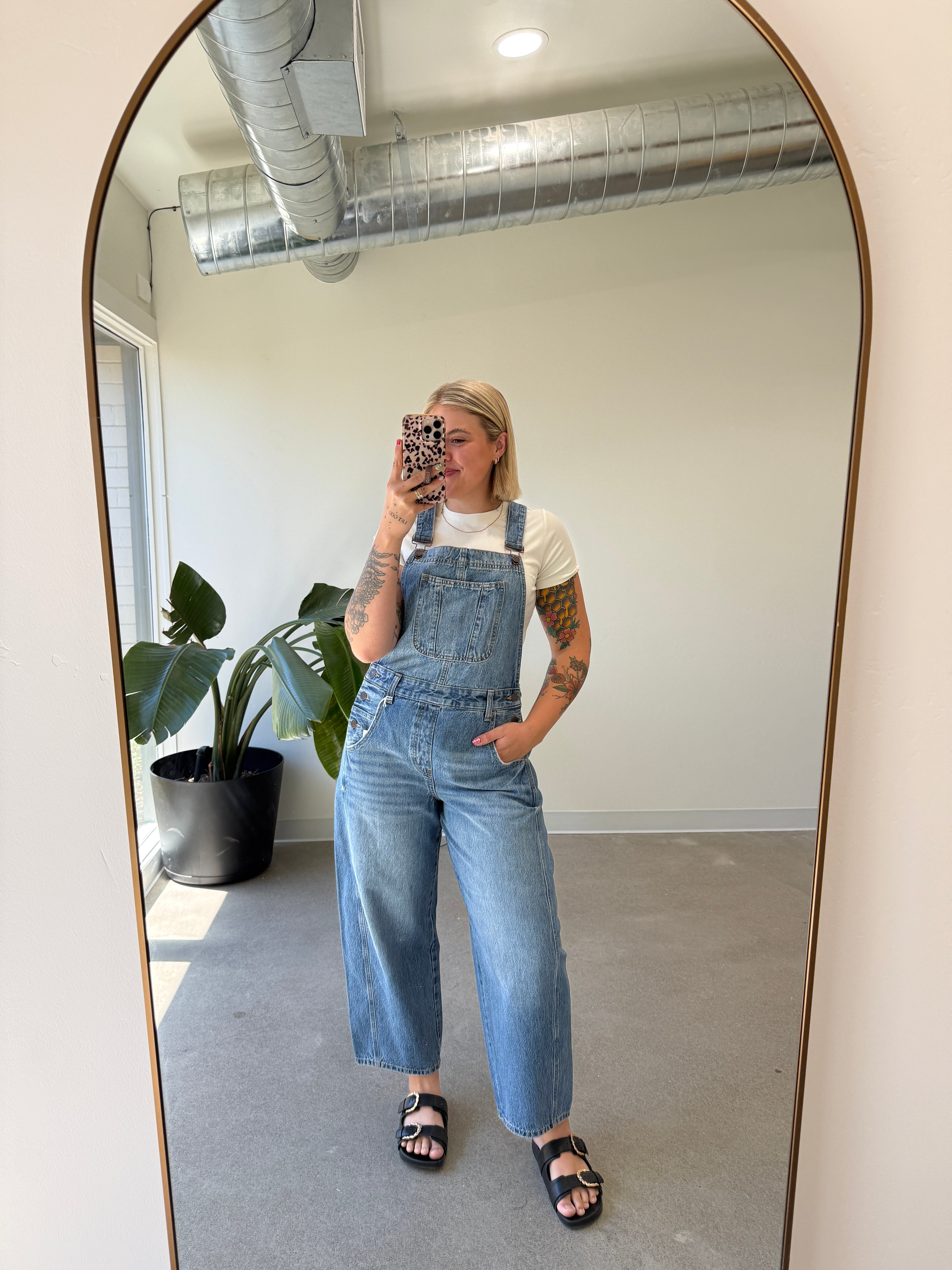 Mid Waisted Barrel Overall - Medium Wash