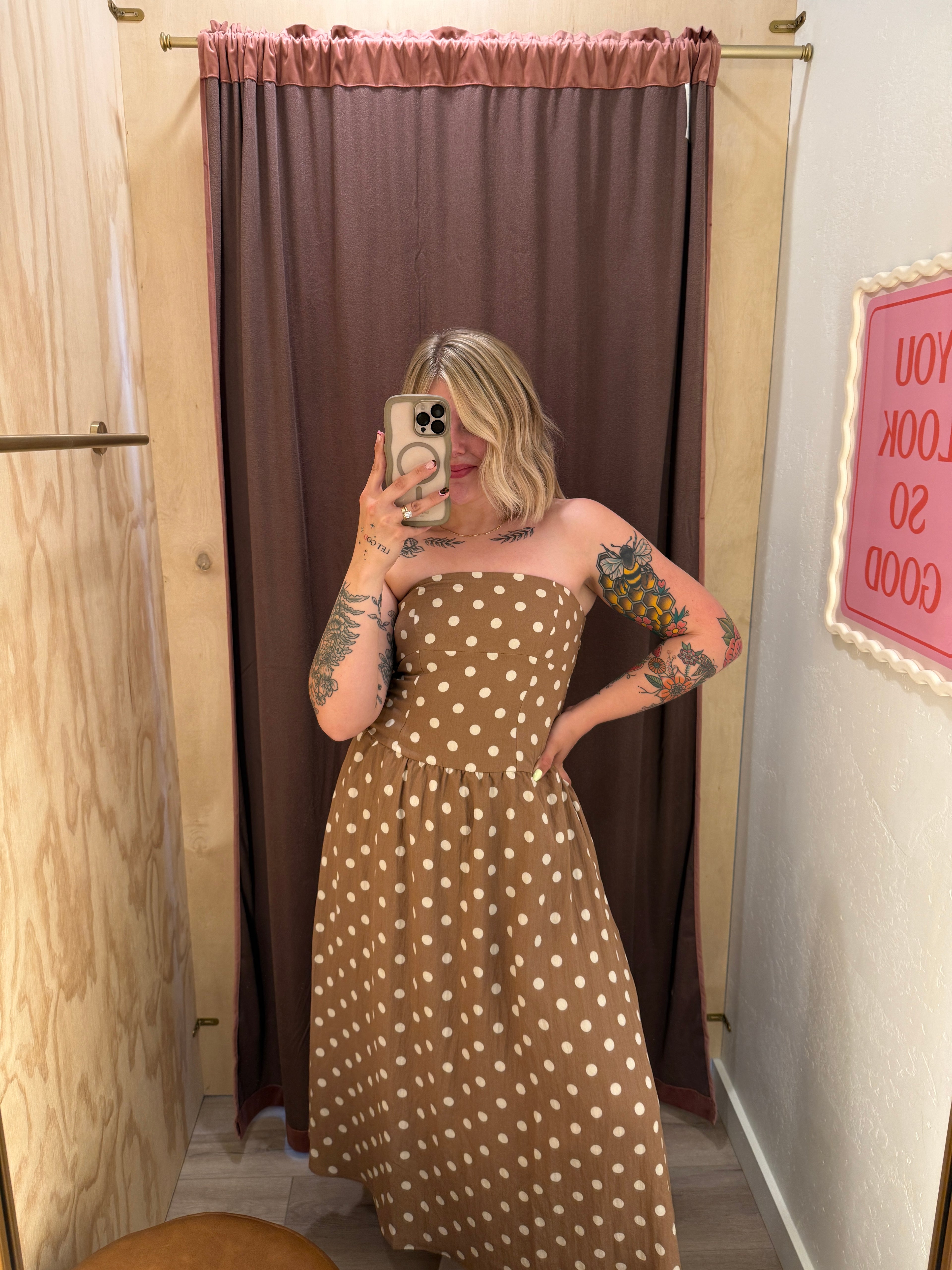 Mocha Dot Strapless Midi Dress