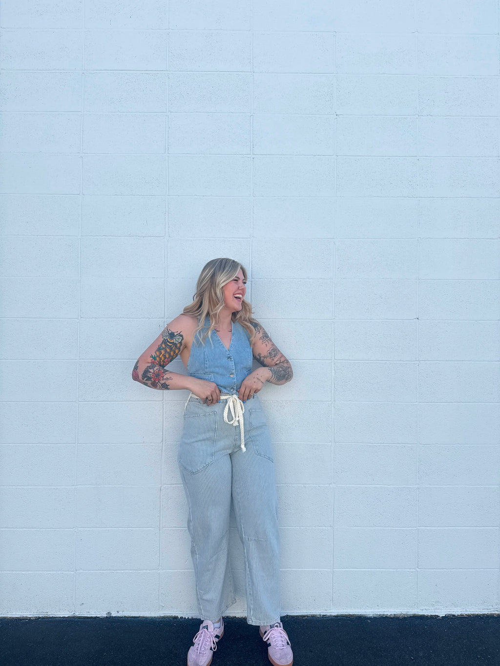 Eyelet Rope Striped Denim Pants