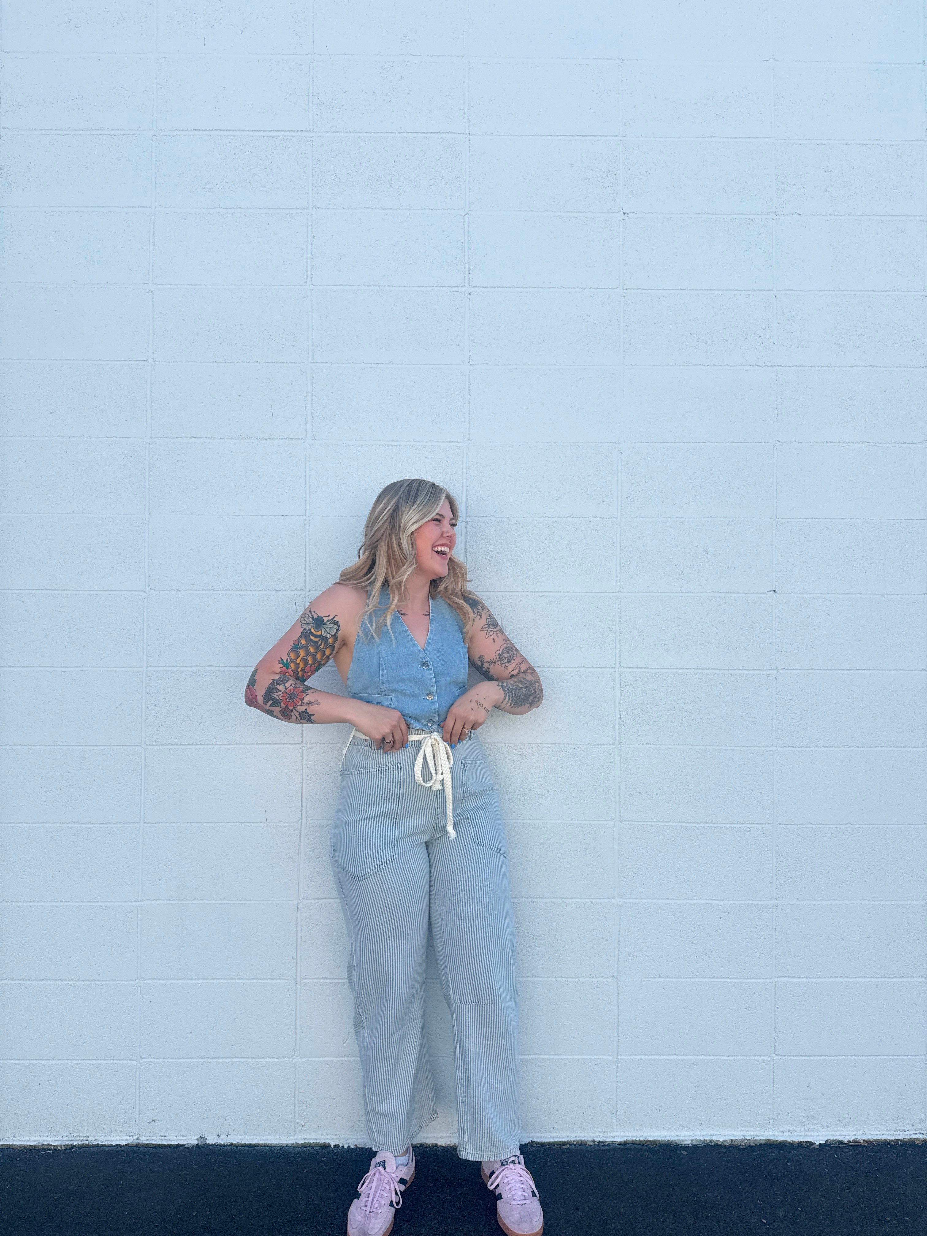 Eyelet Rope Striped Denim Pants