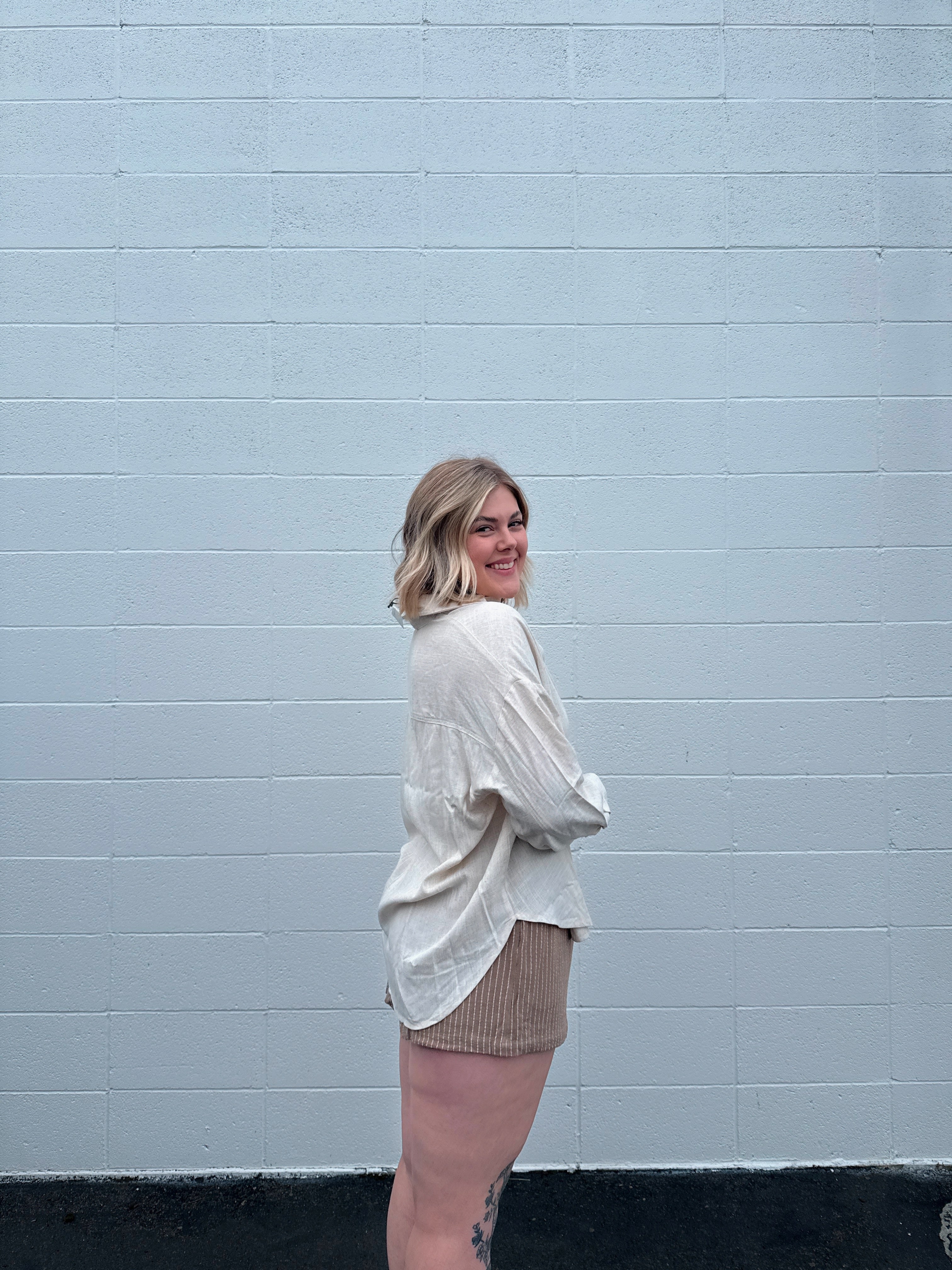 Mocha Striped Linen Blend Shorts