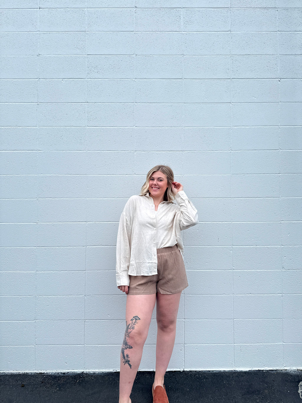 Mocha Striped Linen Blend Shorts