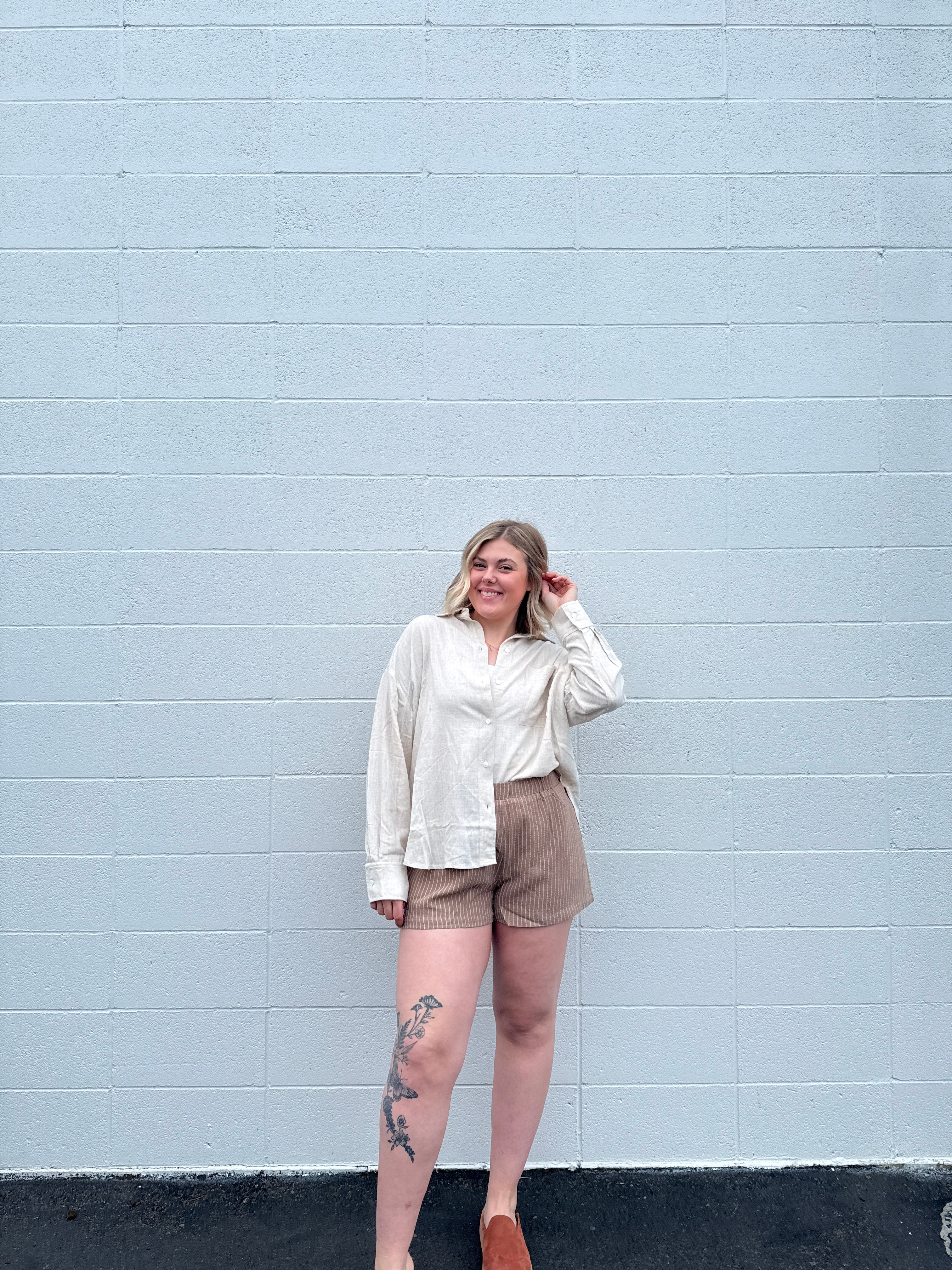 Mocha Striped Linen Blend Shorts