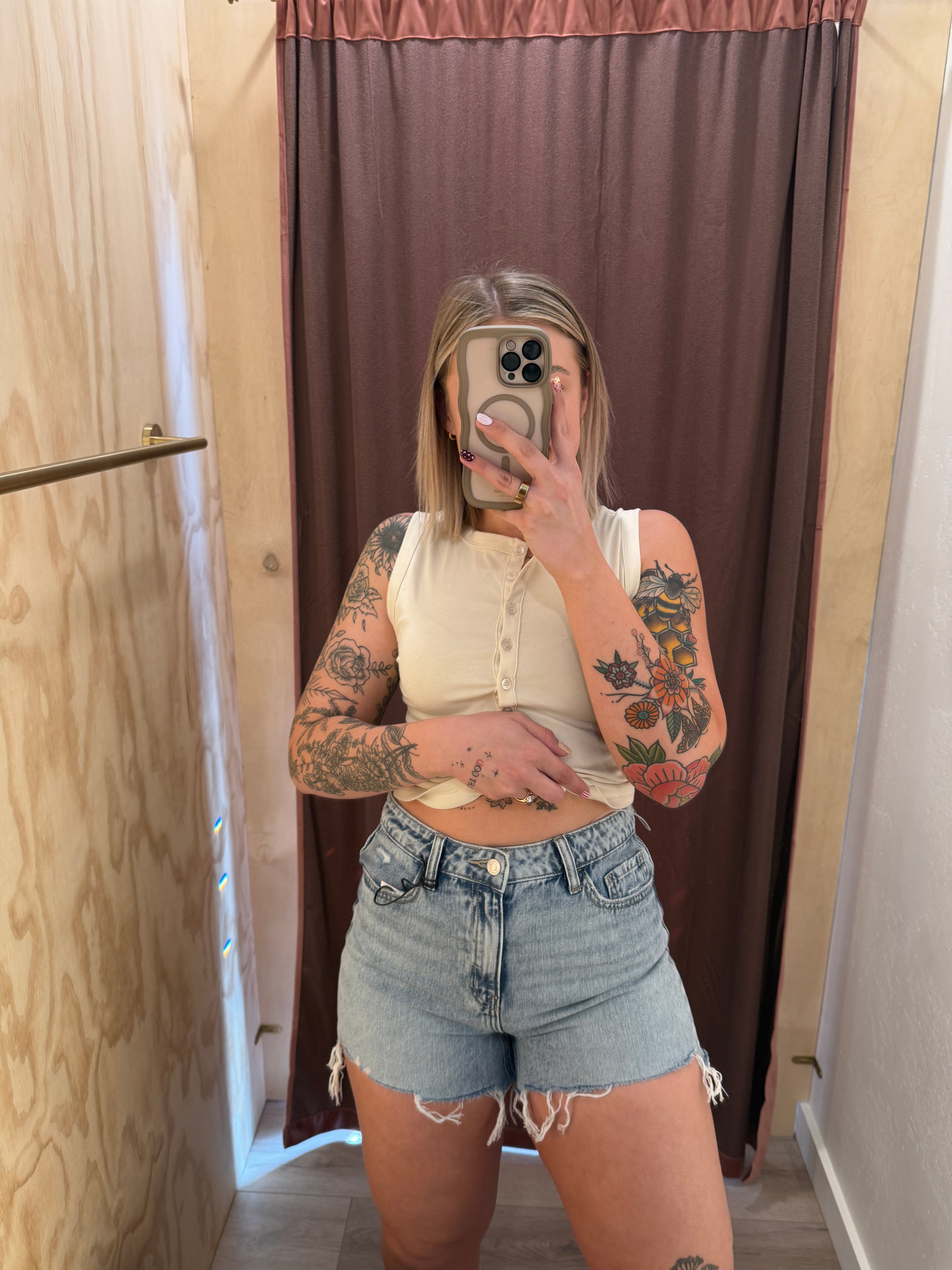 High Rise Light Wash Cotton Denim Shorts