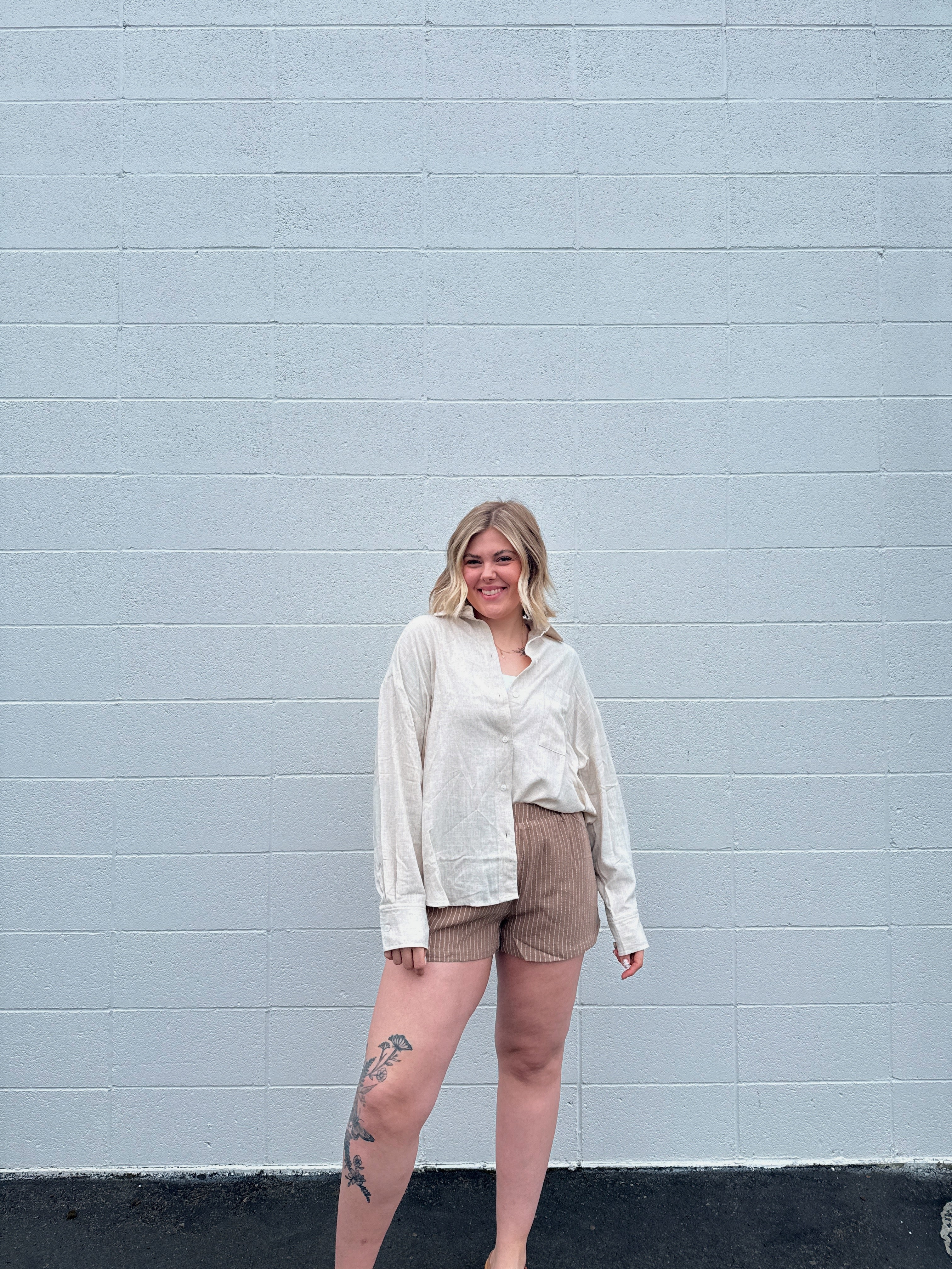 Mocha Striped Linen Blend Shorts