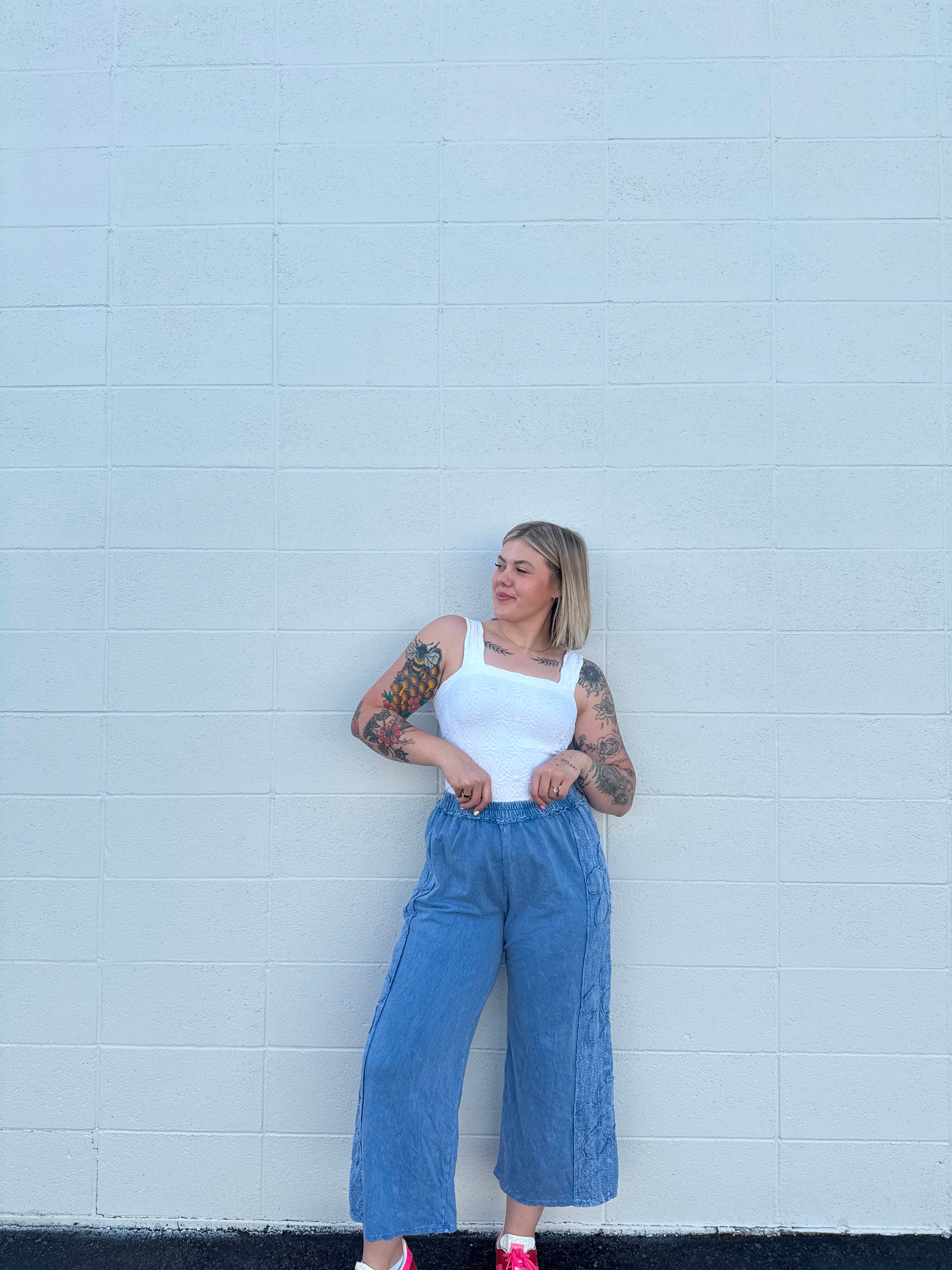 Mineral Wash Flower Patch Wide Leg Pants