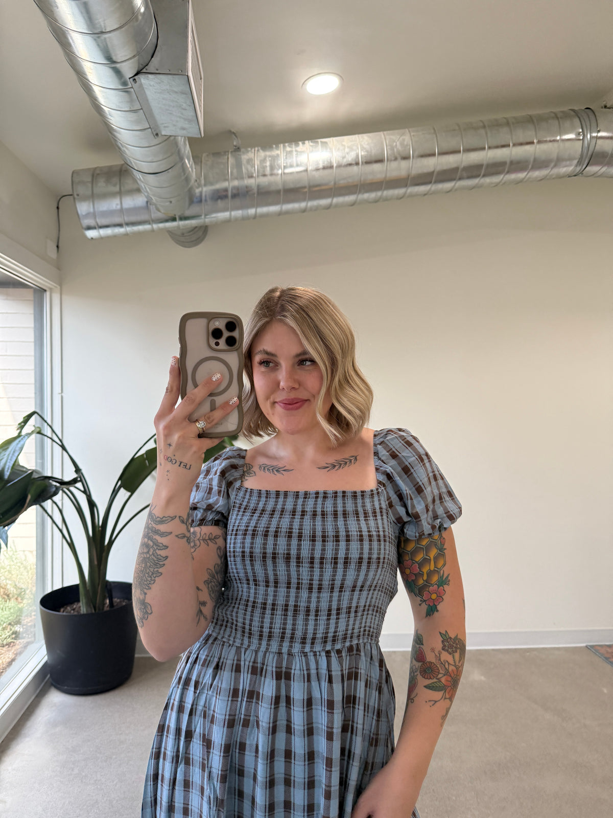 Smocked Plaid Midi Dress