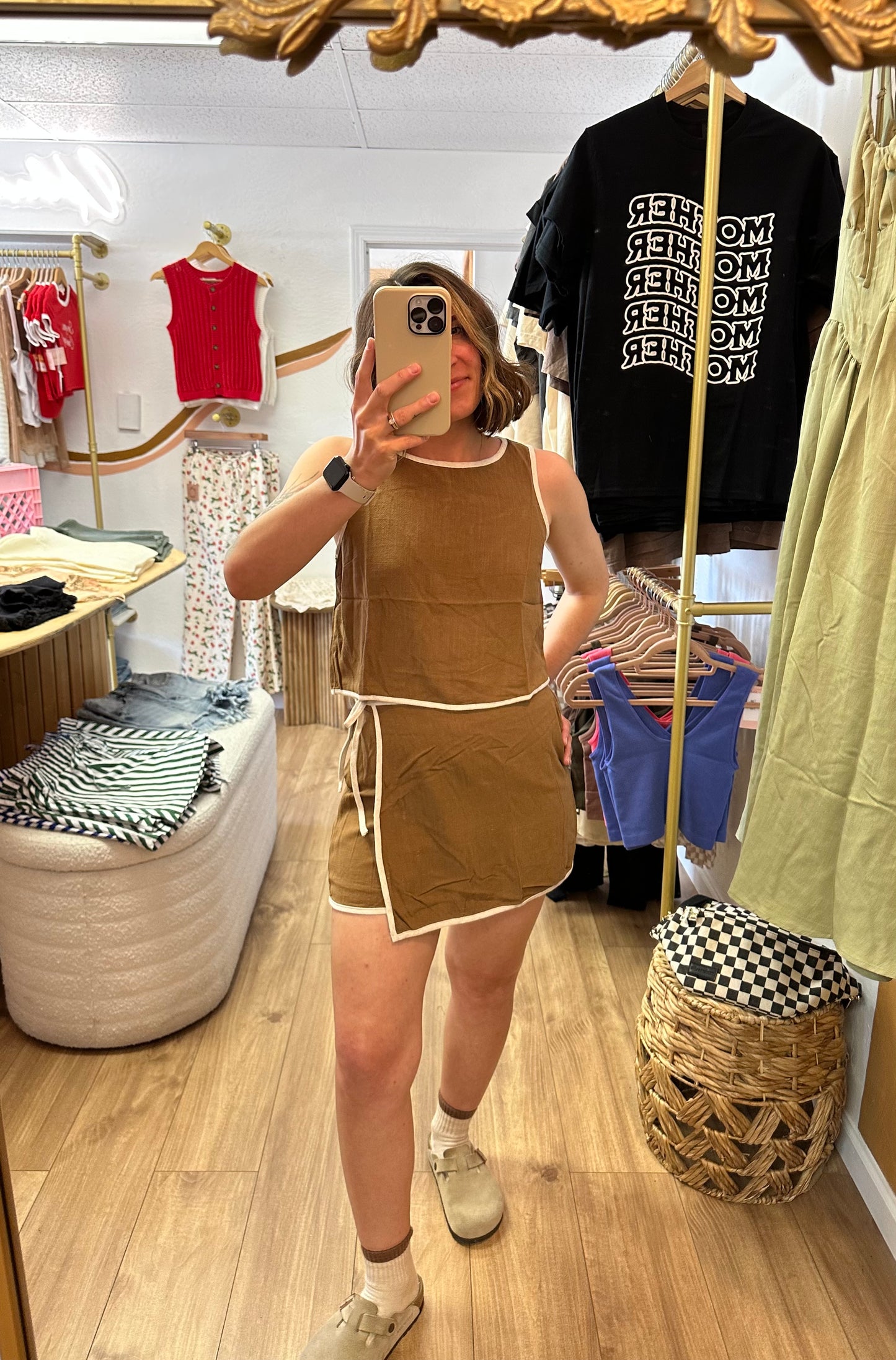 Contrast Trim Linen Skort Set