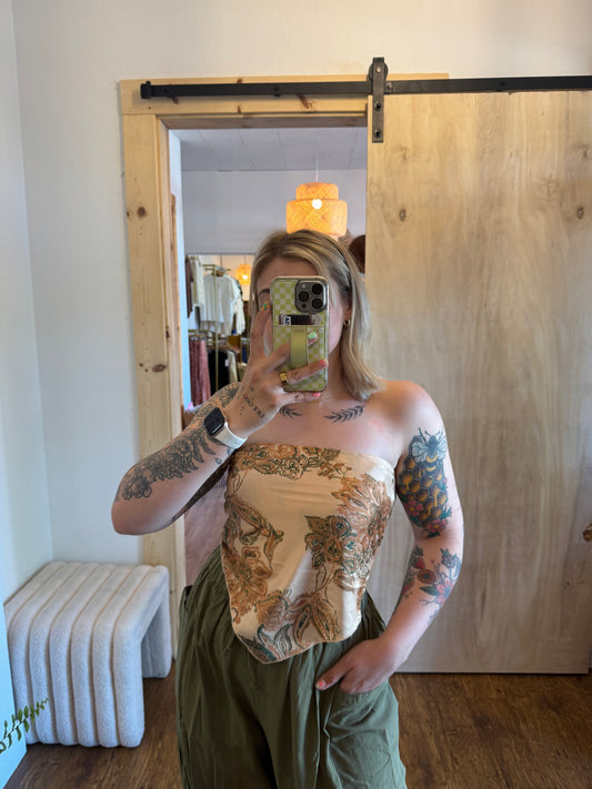 Paisley Satin Bandana Strapless Top
