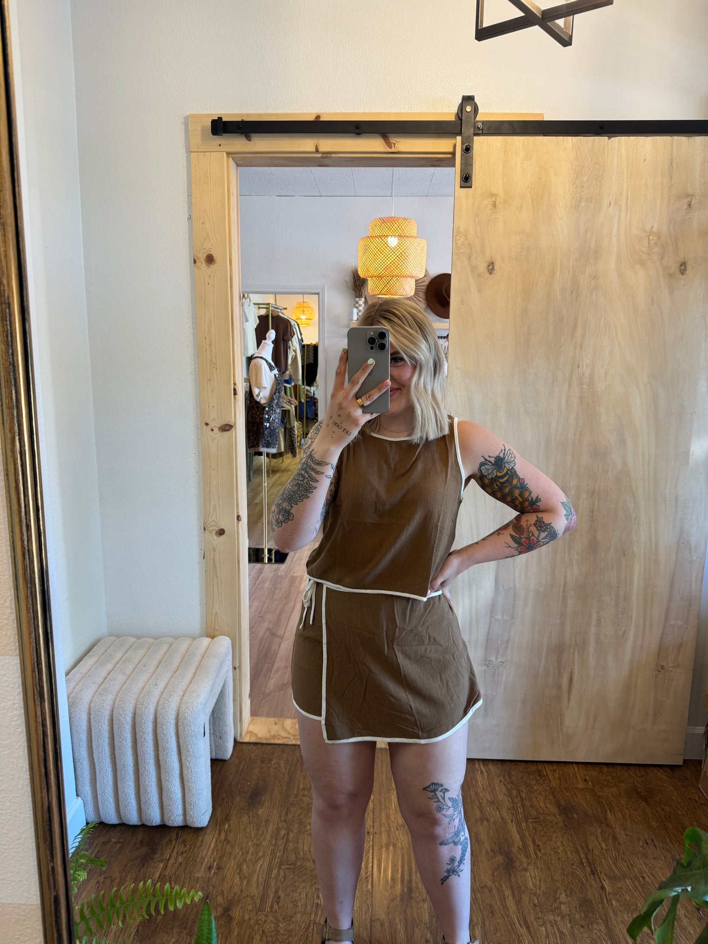 Contrast Trim Linen Skort Set