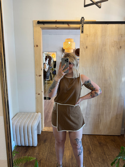 Contrast Trim Linen Skort Set